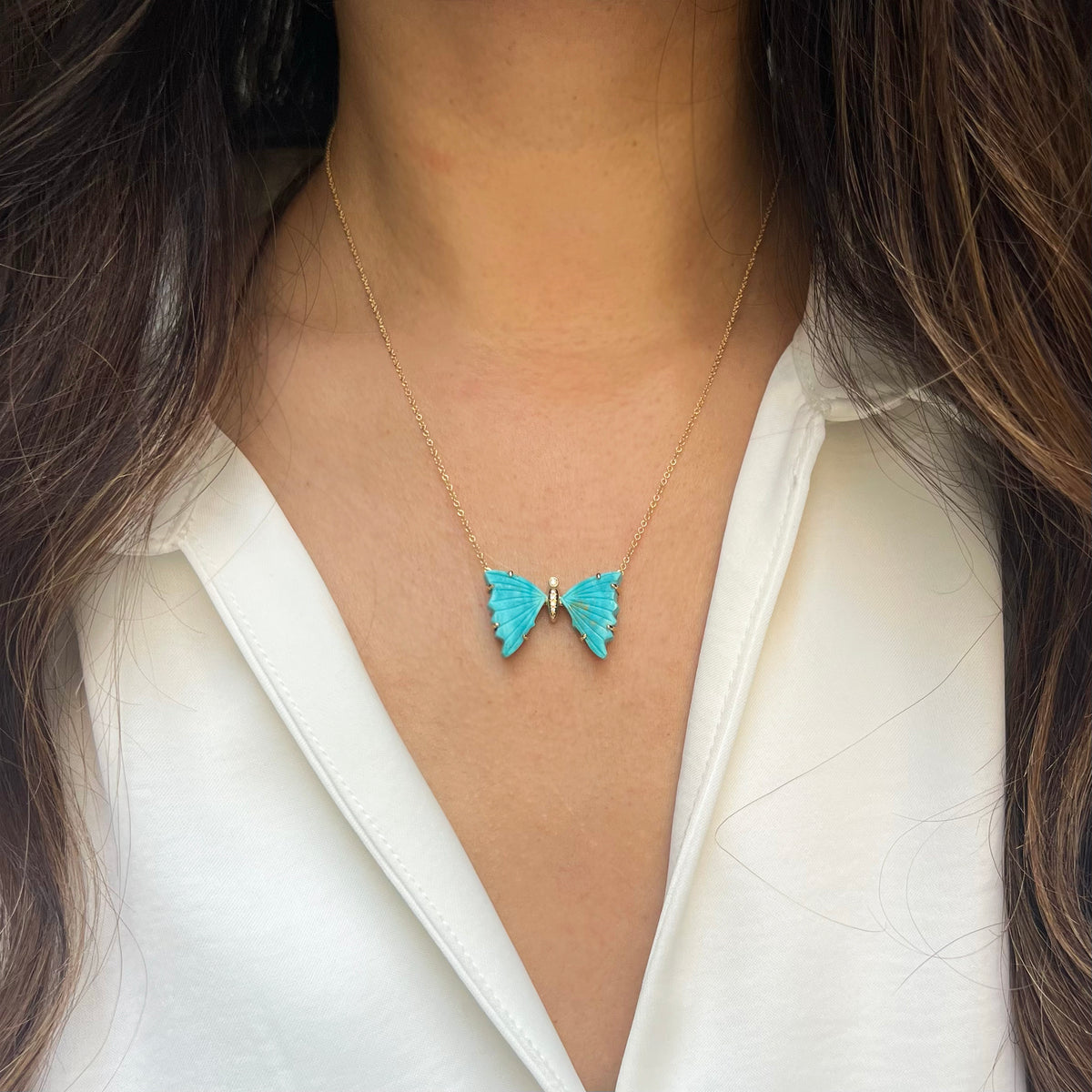 Blue Turquoise Butterfly Necklace with Prongs and Diamonds