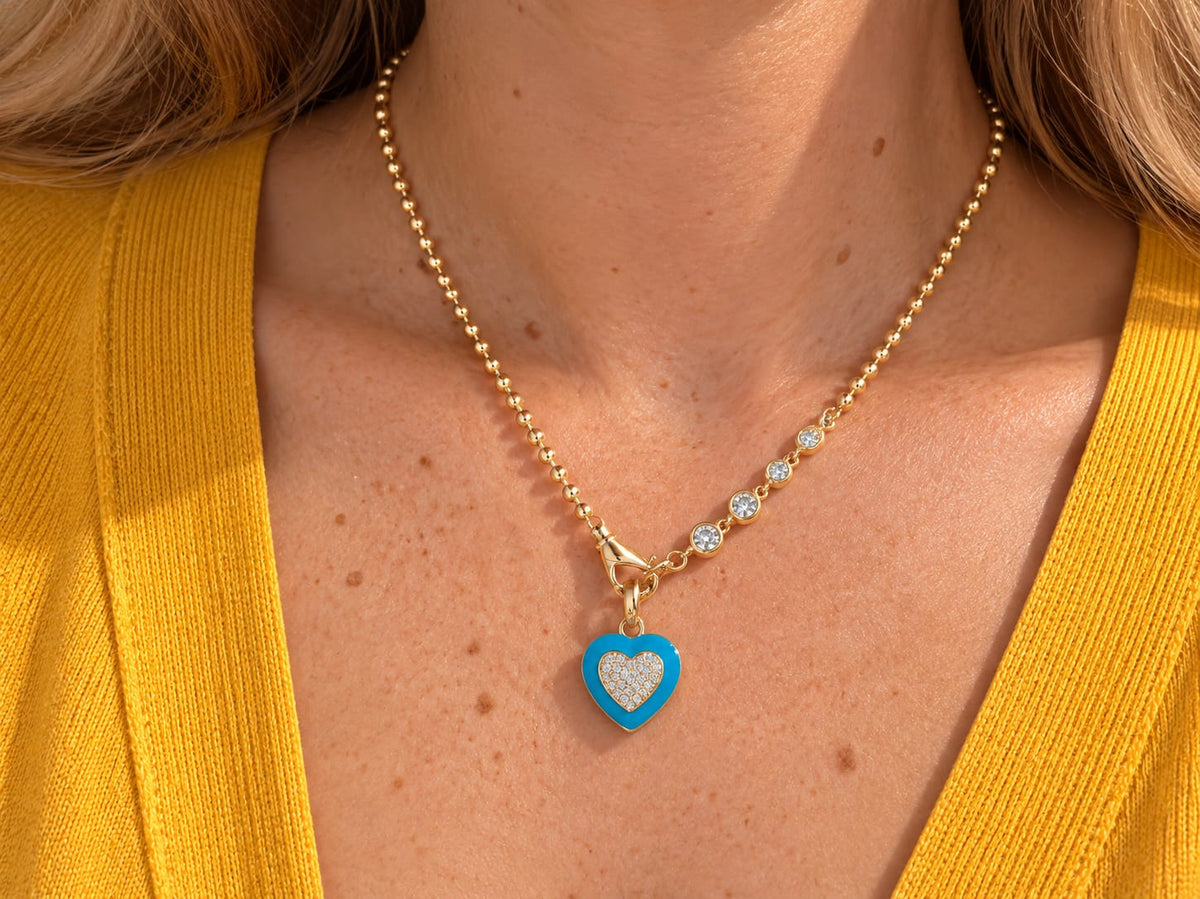 Blue Enamel Puffy Heart Pendant with Crystals