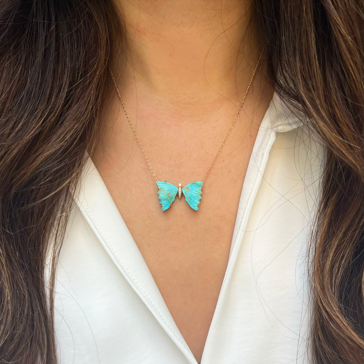 turquoise pronged butterfly necklace with diamonds
