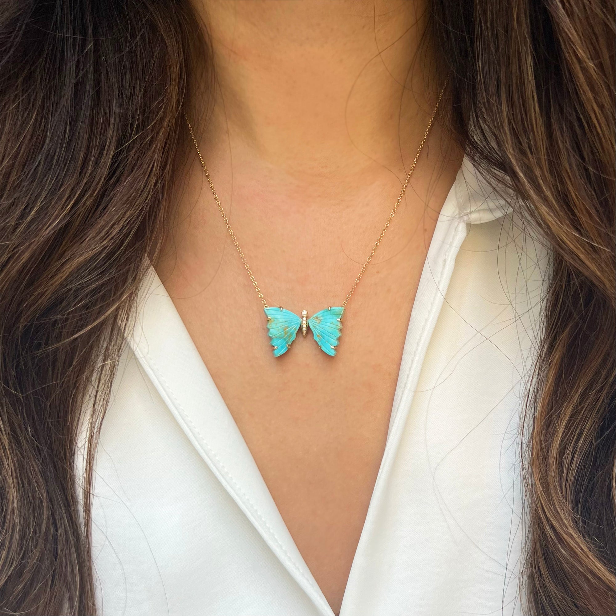 Natural Turquoise Butterfly Necklace with Prongs