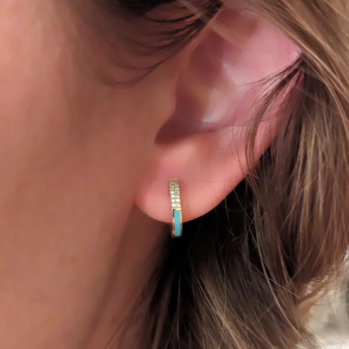 Diamond Huggie Earrings With Turquoise Enamel