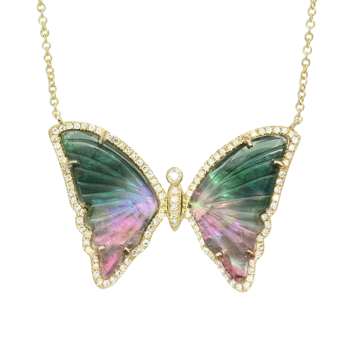 Green and Pink Tourmaline Pearl Butterfly Necklace with Diamonds