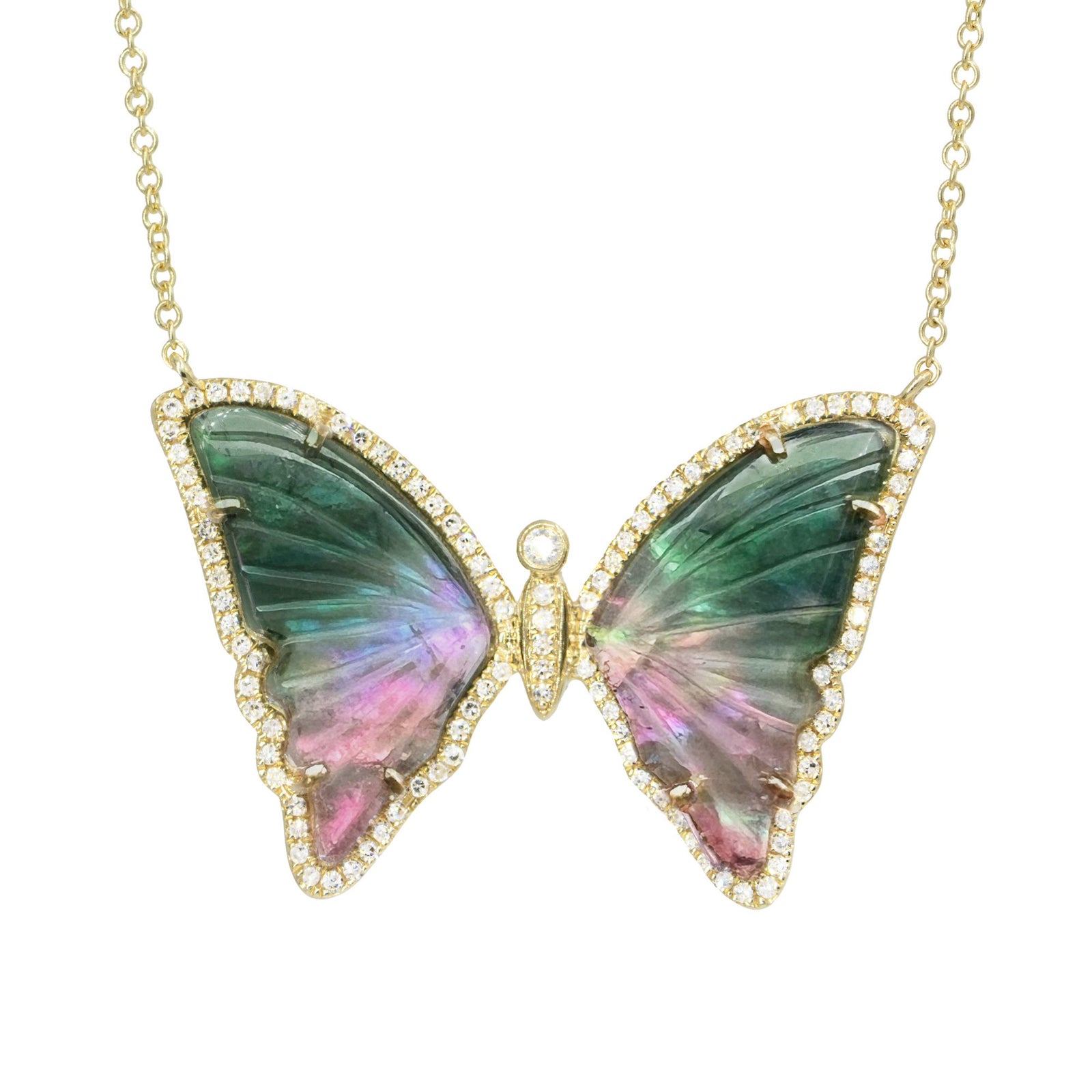Green and Pink Tourmaline Pearl Butterfly Necklace with Diamonds