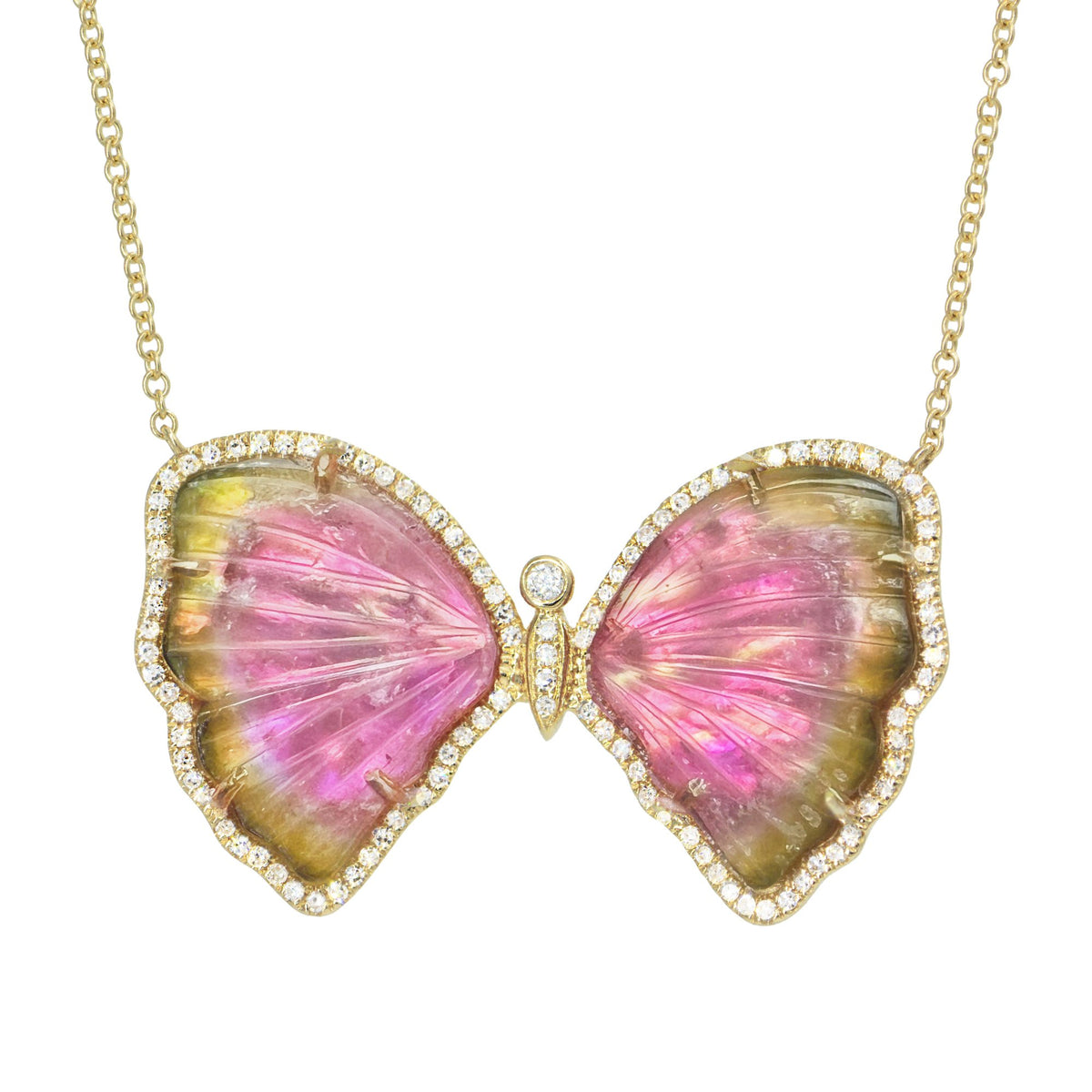 Watermelon Tourmaline Pearl Butterfly Necklace with Diamonds