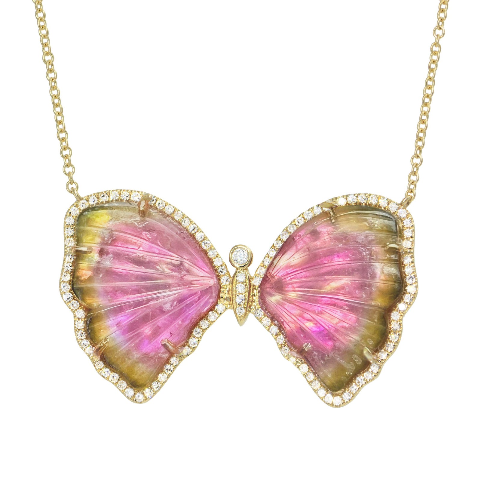 Watermelon Tourmaline Pearl Butterfly Necklace with Diamonds