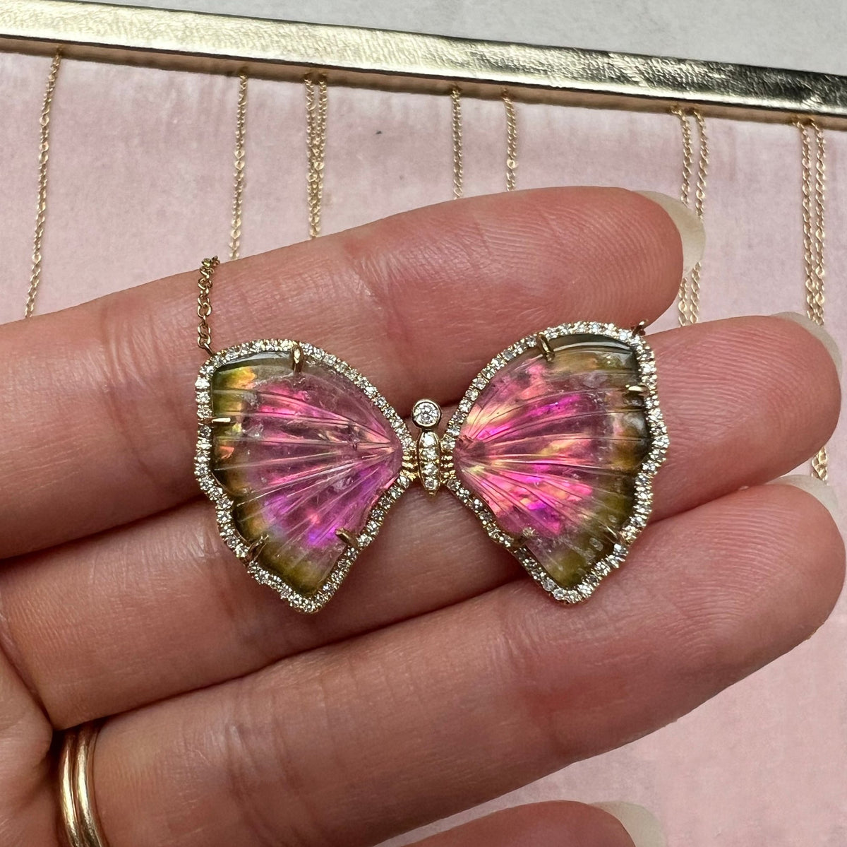 Watermelon Tourmaline Pearl Butterfly Necklace with Diamonds