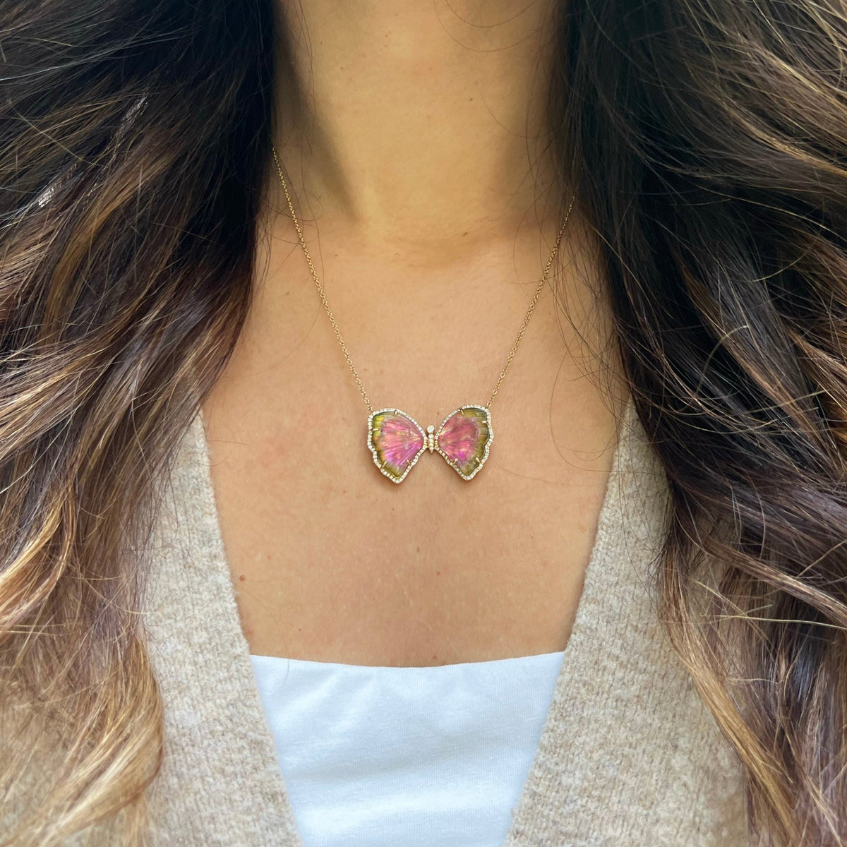 Watermelon Tourmaline Pearl Butterfly Necklace with Diamonds