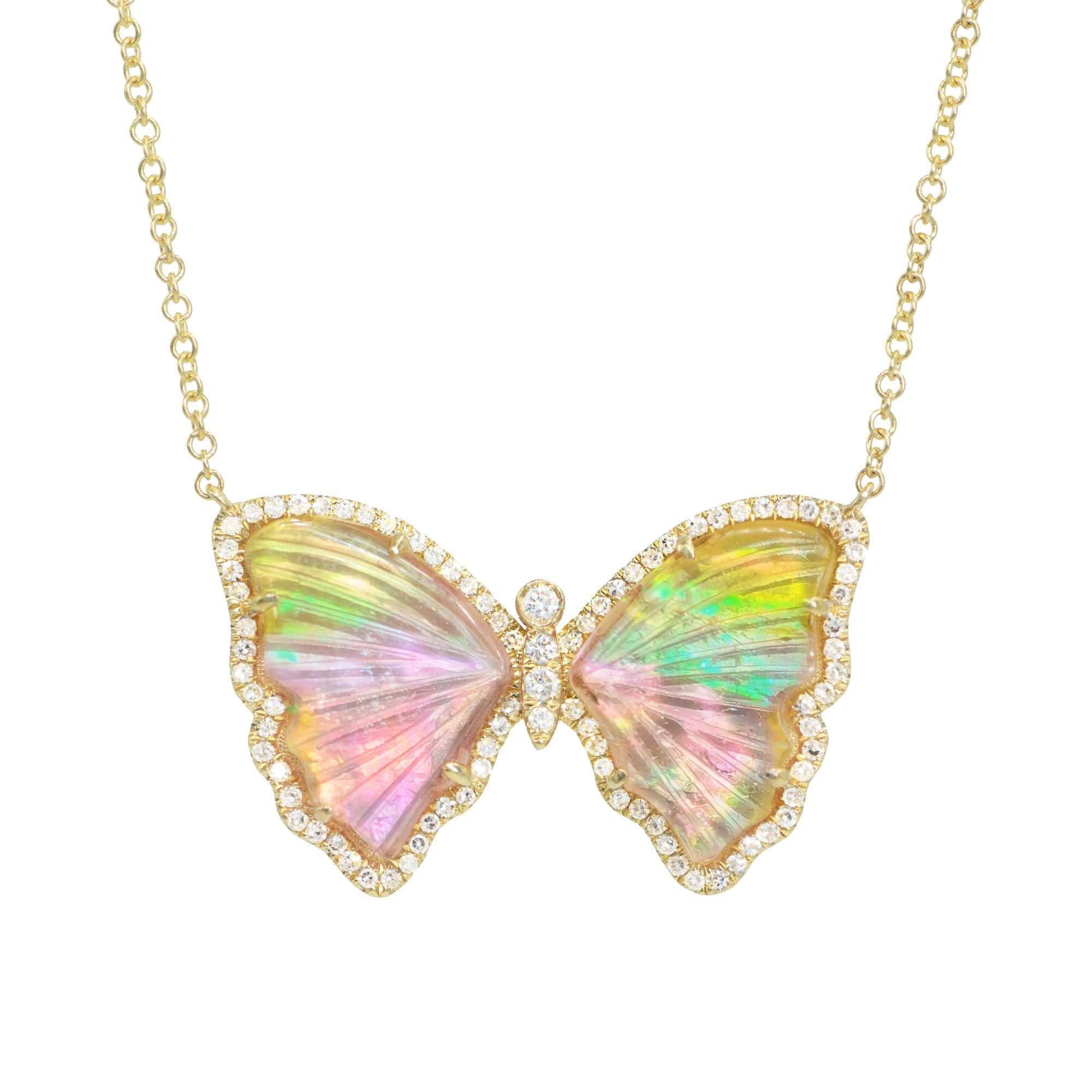 yellow and pink pearl tourmaline butterfly necklace with diamonds