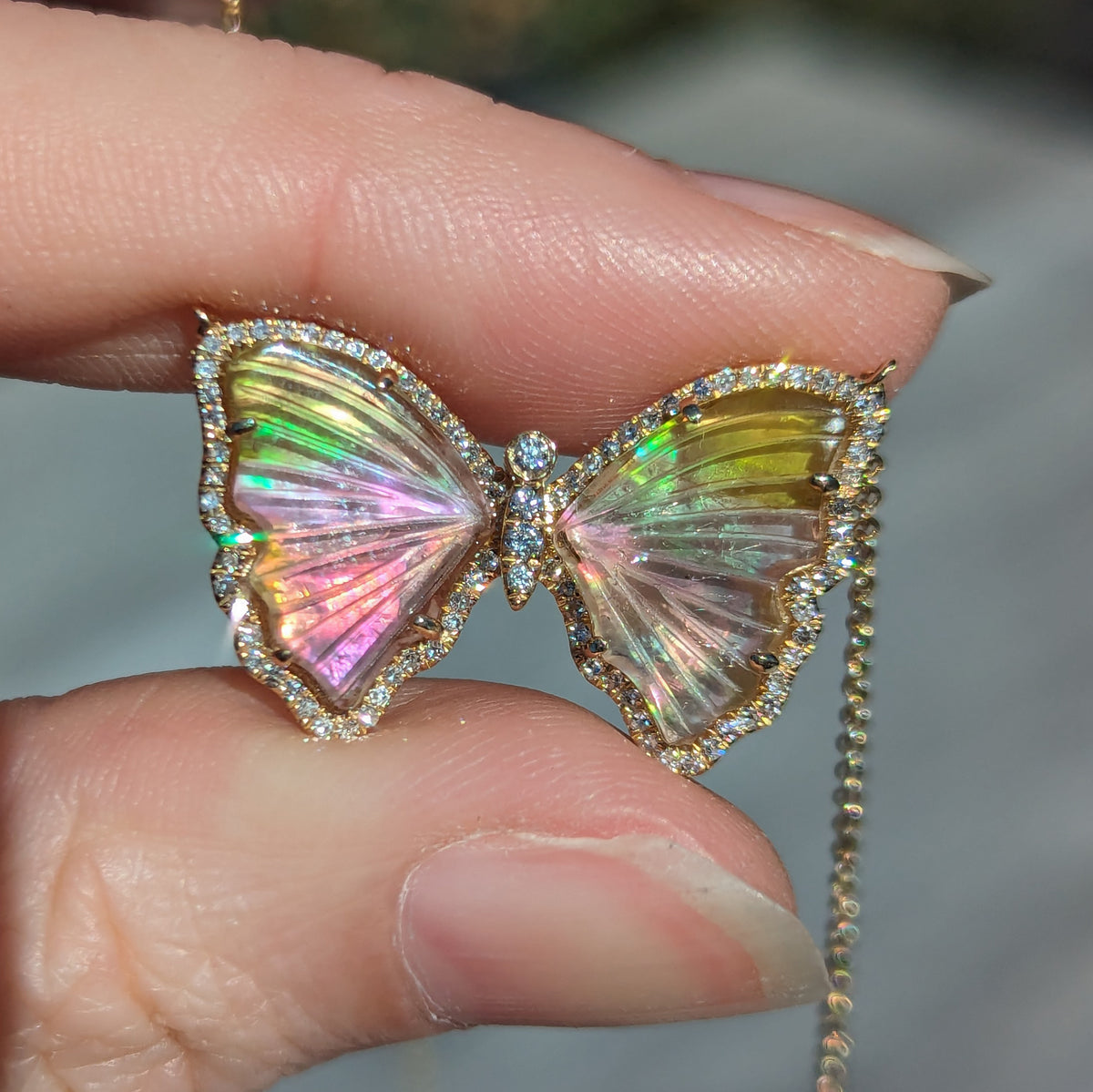 yellow and pink pearl tourmaline butterfly necklace with diamonds