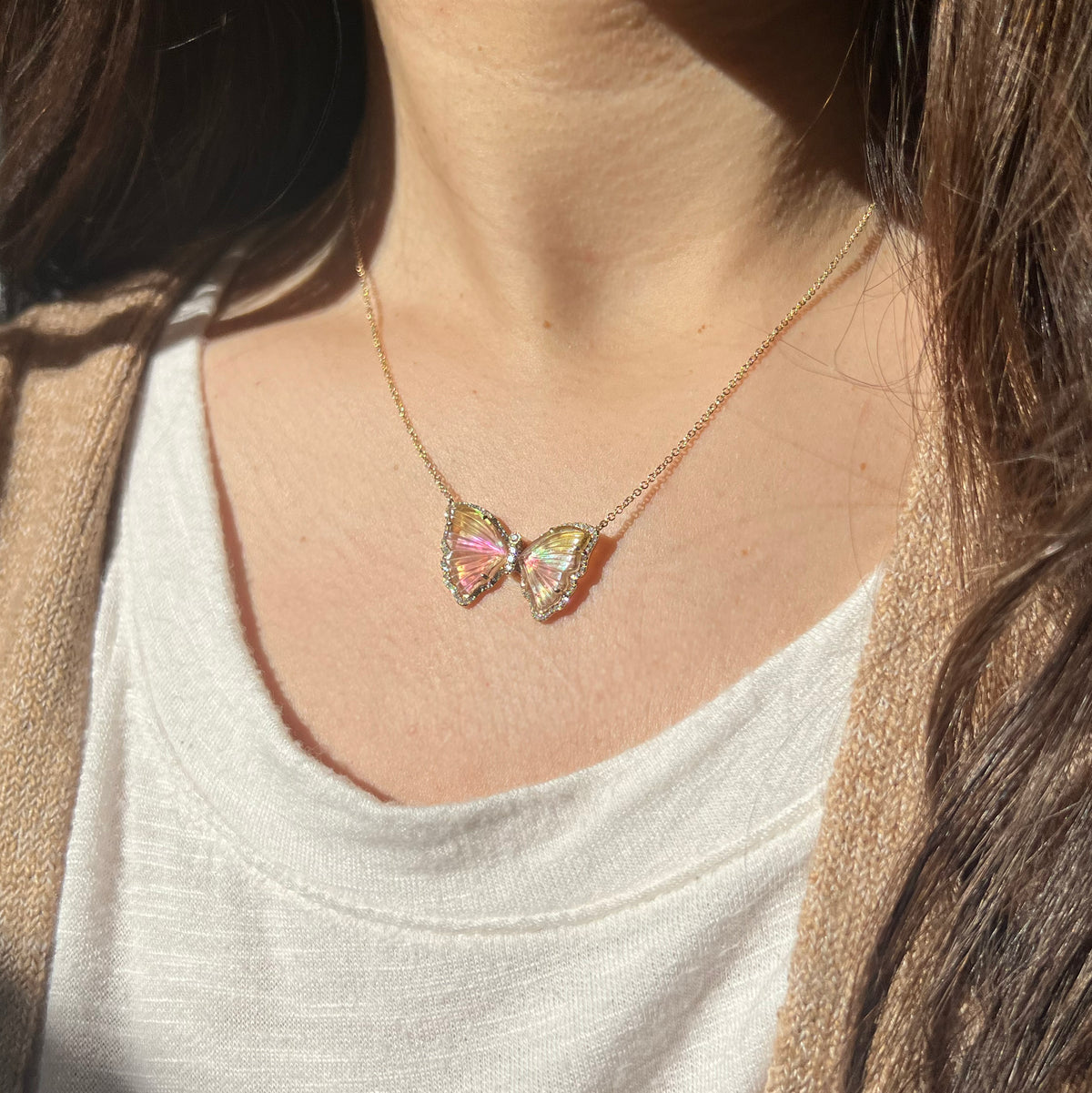 yellow and pink tourmaline with pearl butterfly necklace with diamonds