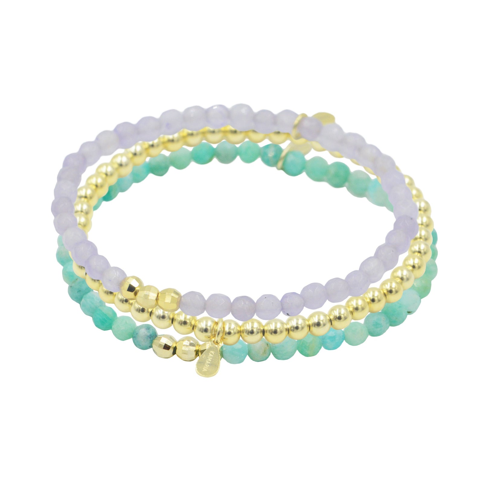triple 4mm stack with lavender jade, amazonite, and gold plated silver beads