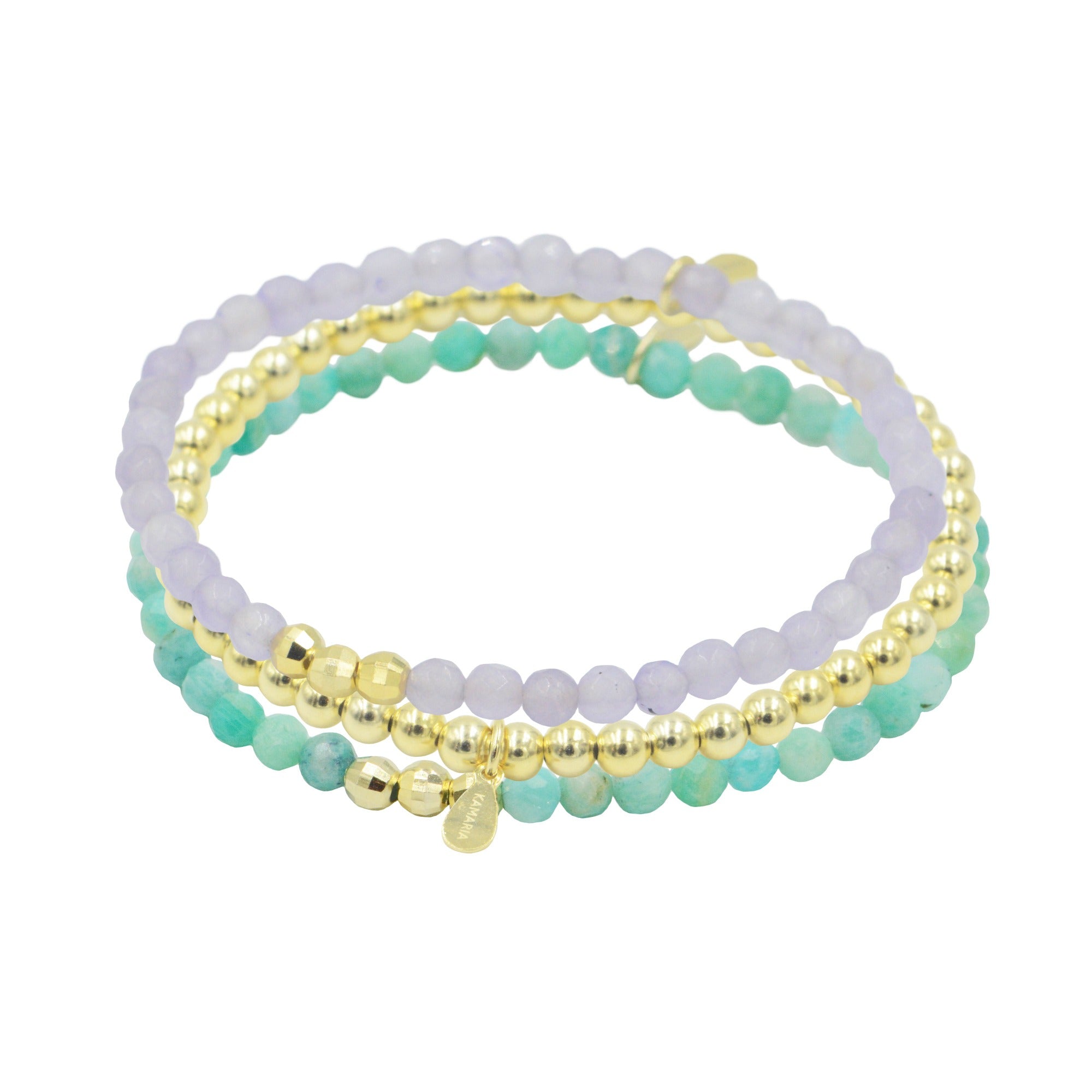 triple 4mm stack with lavender jade, amazonite, and gold plated silver beads