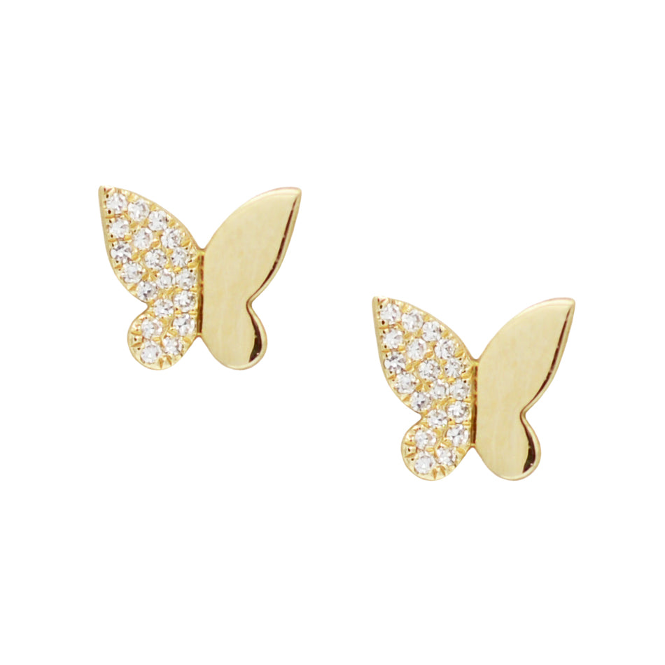 A pair of butterfly-shaped diamond stud earrings in yellow gold with mini diamonds on one side.