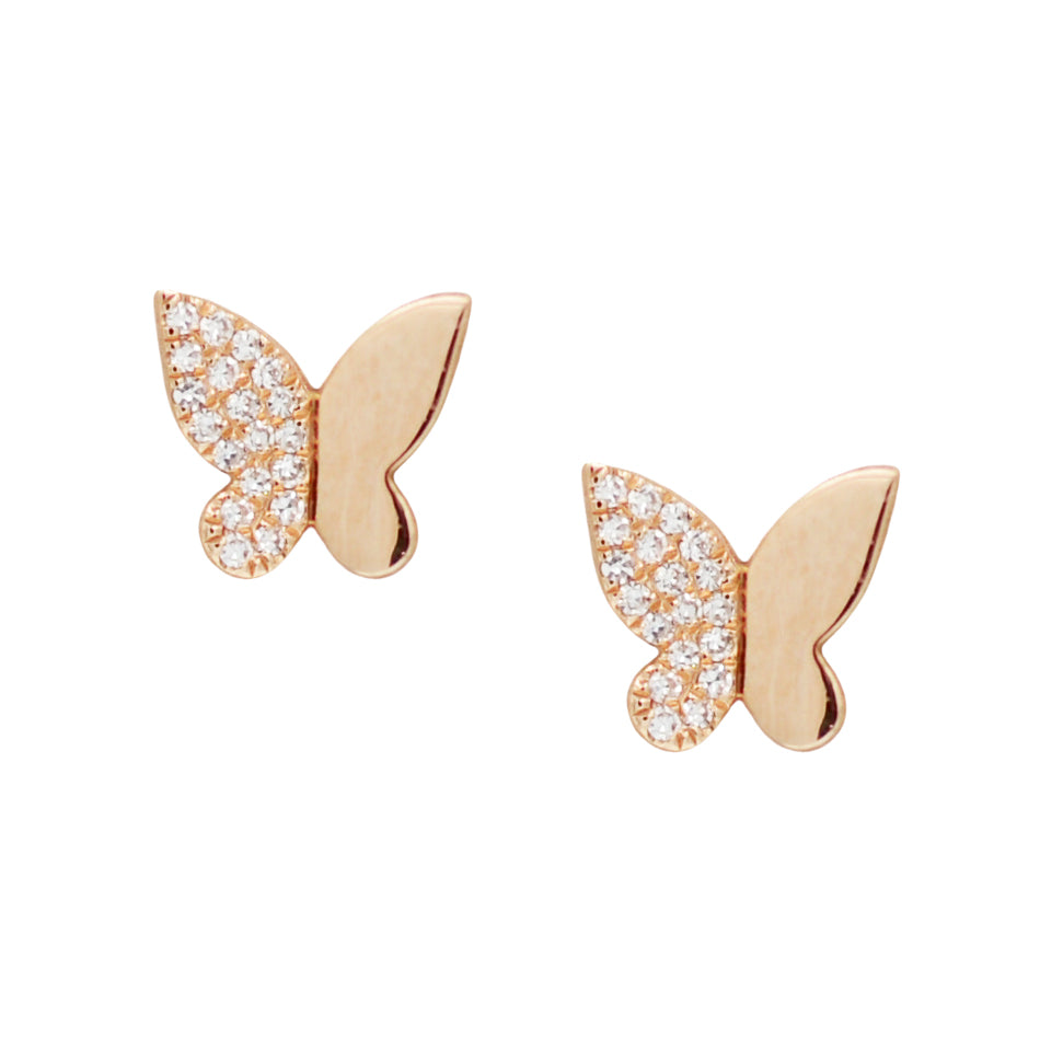 A pair of butterfly-shaped diamond stud earrings in rose gold with mini diamonds on one side.