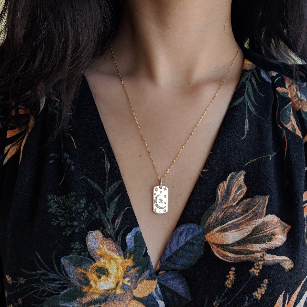Celestial Dogtag Necklace in 14k Gold With Diamonds