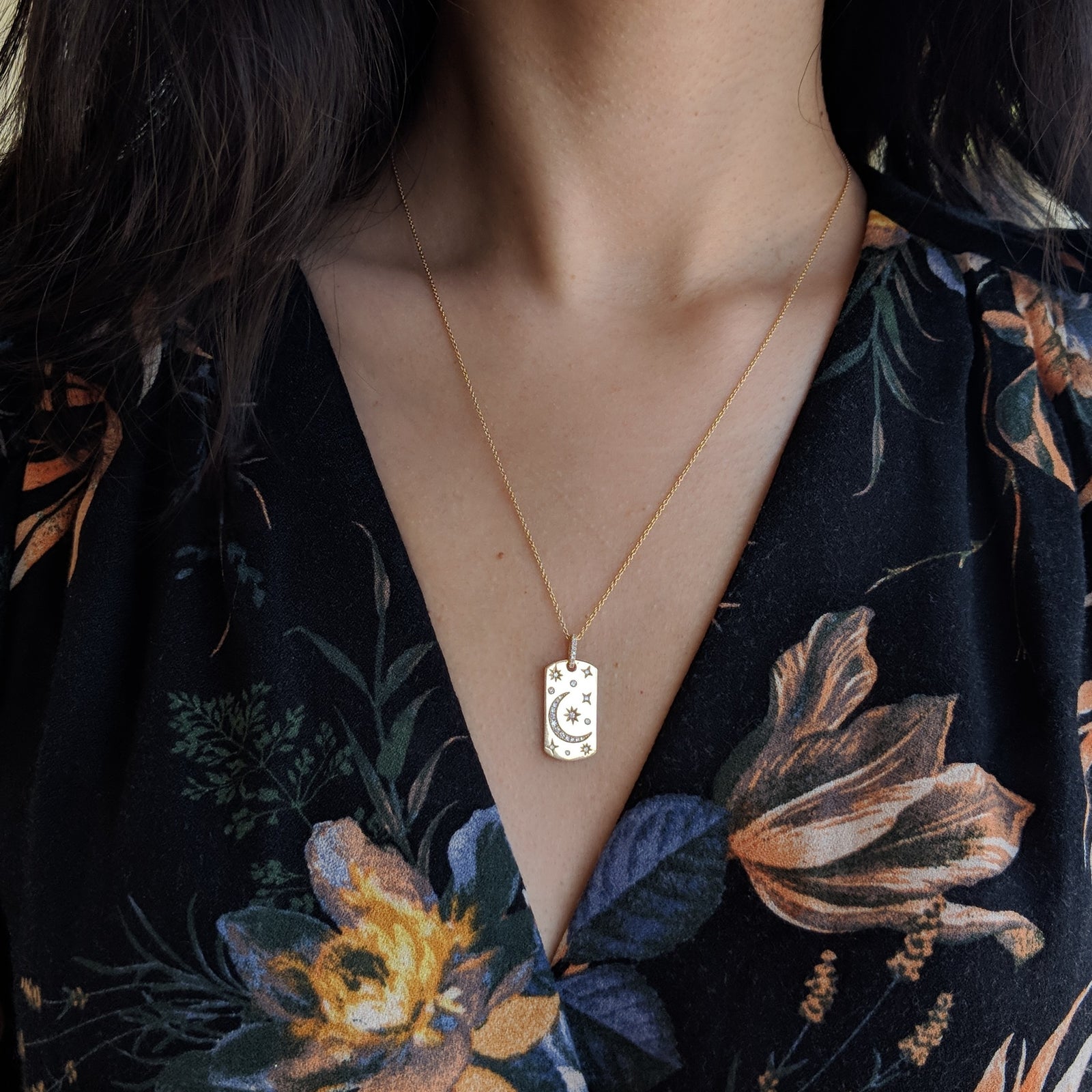 Celestial Dogtag Necklace in 14k Gold With Diamonds