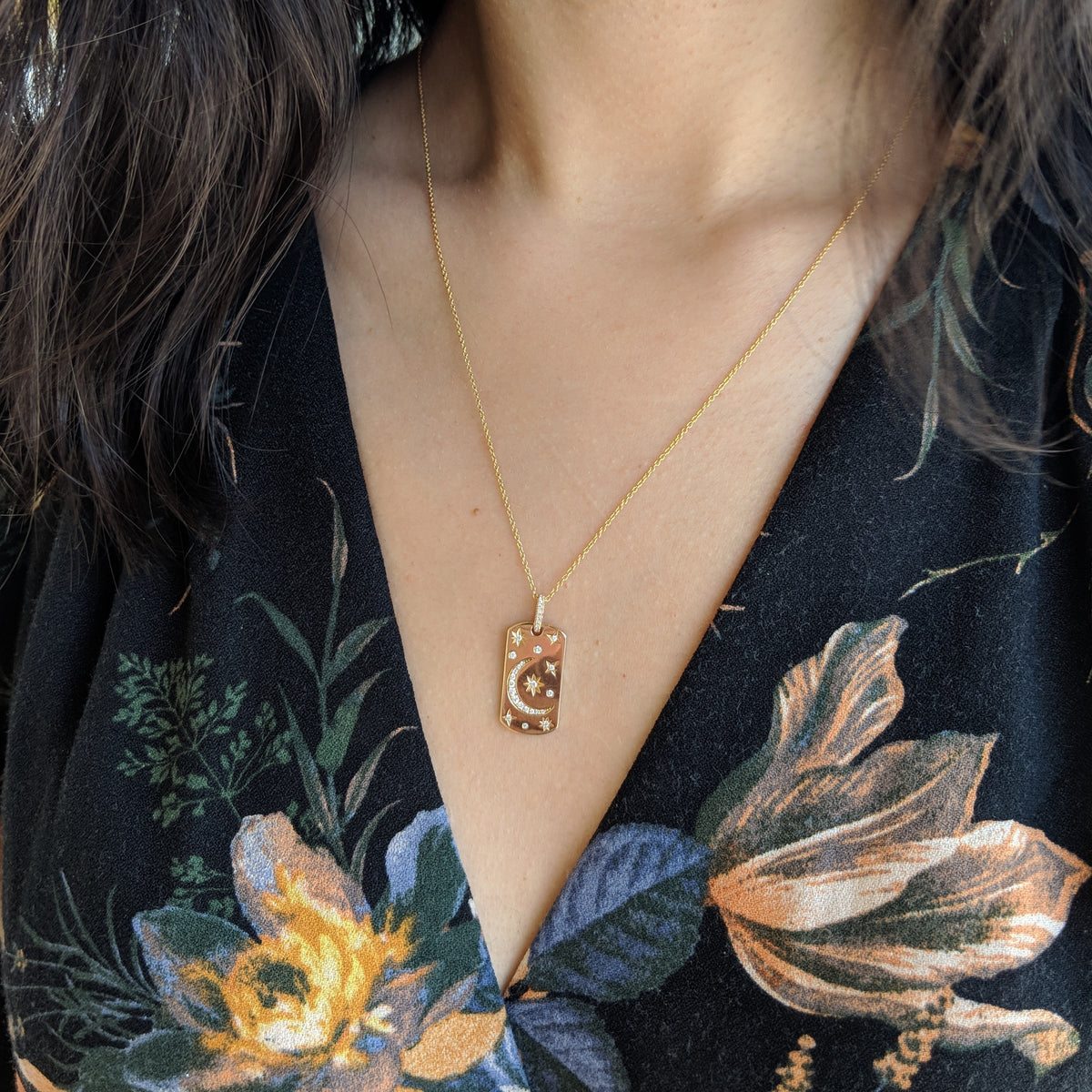 Celestial Dogtag Necklace in 14k Gold With Diamonds