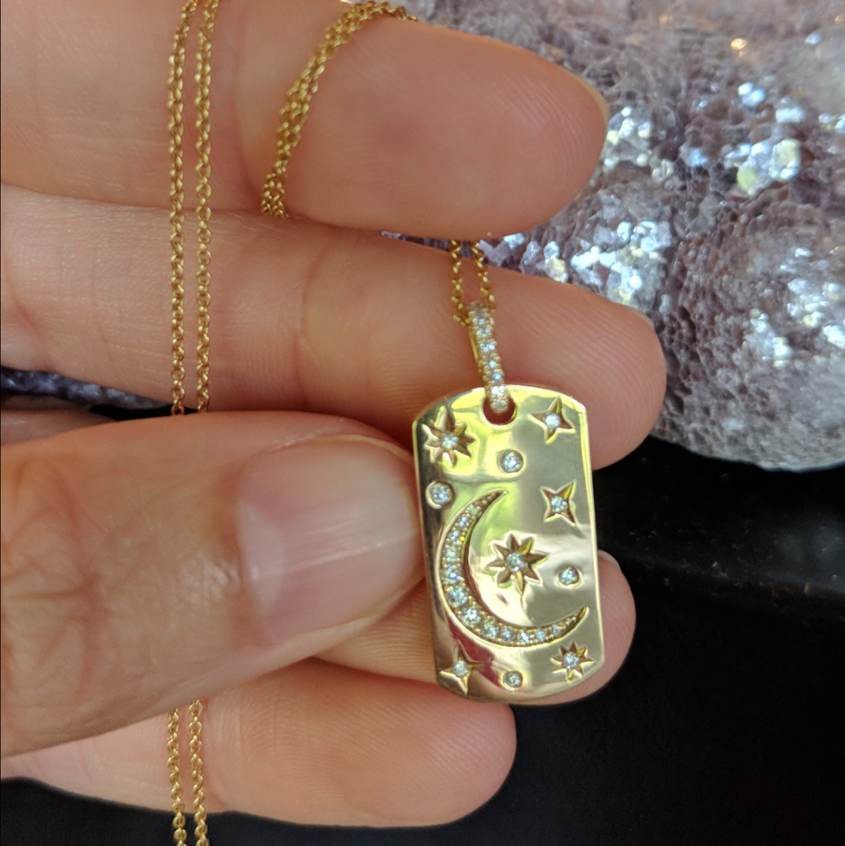Celestial Dogtag Necklace in 14k Gold With Diamonds
