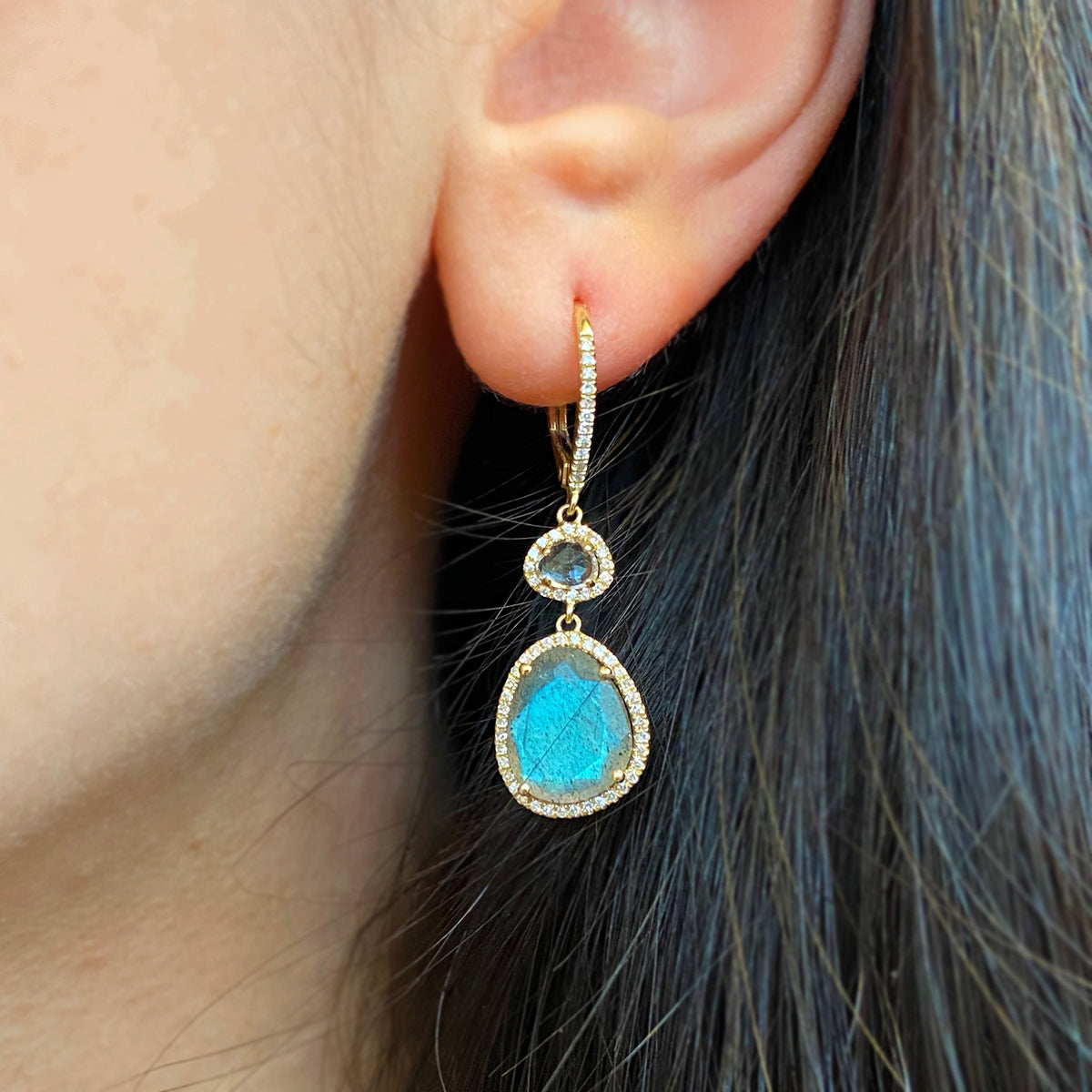 Clara Dangle Earrings With Diamonds - Labradorite and White Topaz