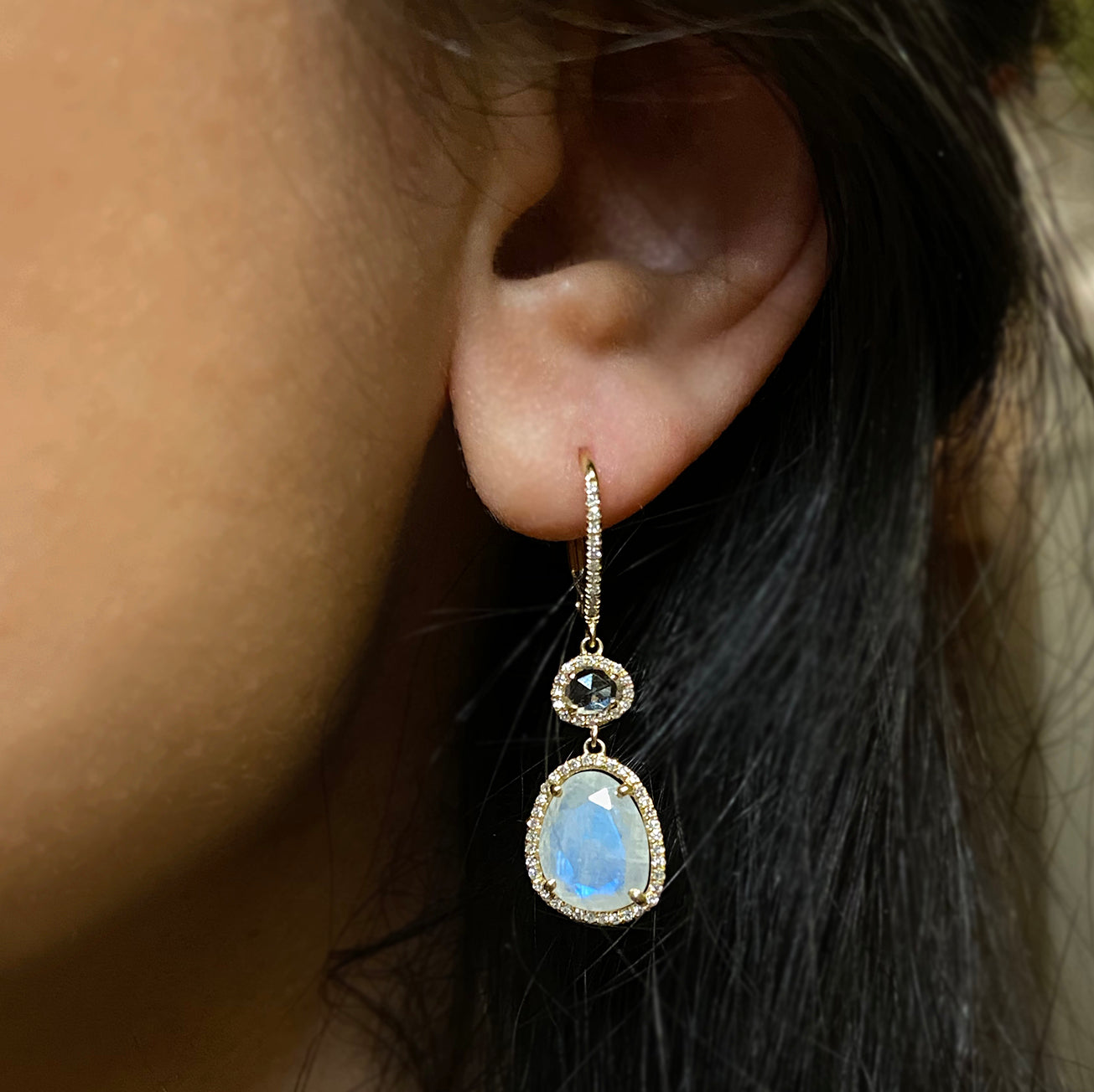 Clara Dangle Earrings With Moonstone Topaz and Diamonds