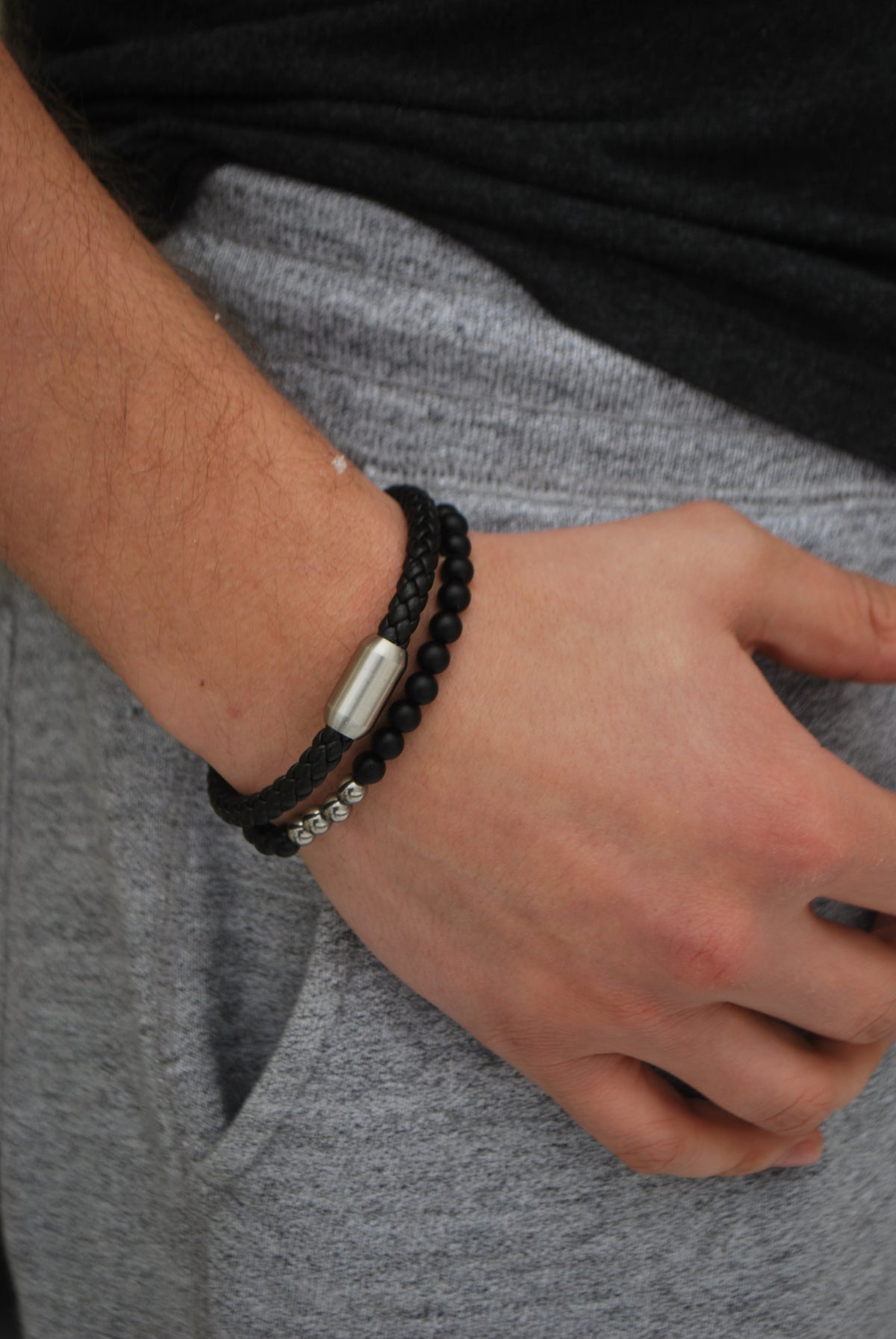 Matte Black Agate and Steel Bracelet