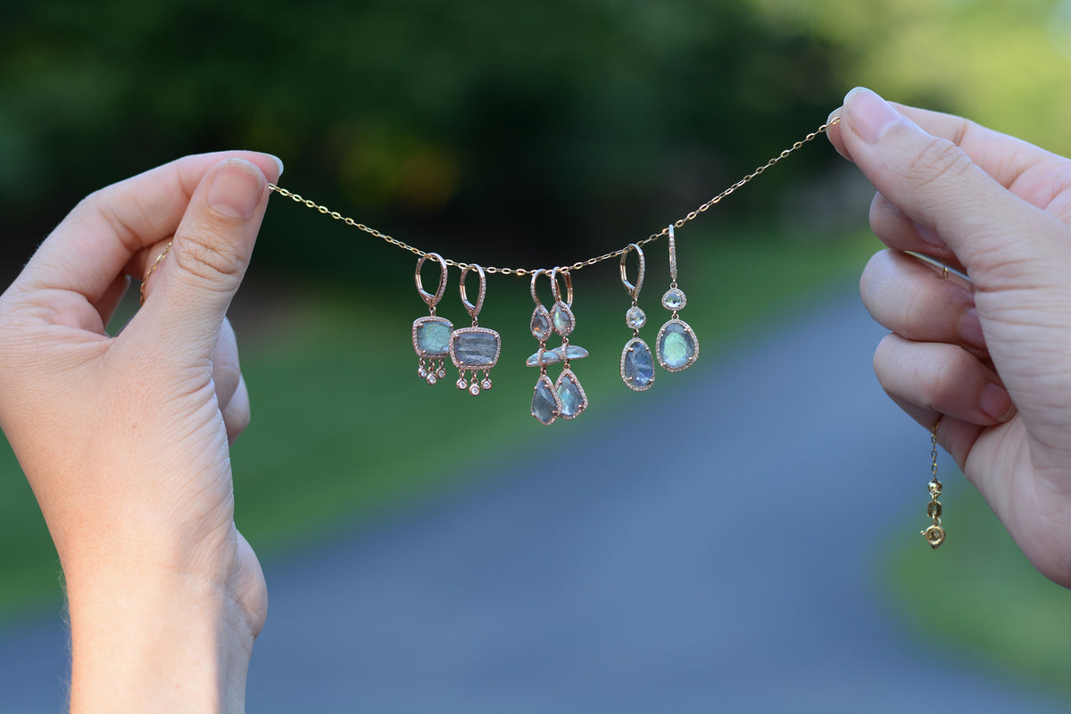 Clara Dangle Earrings With Diamonds - Labradorite and White Topaz