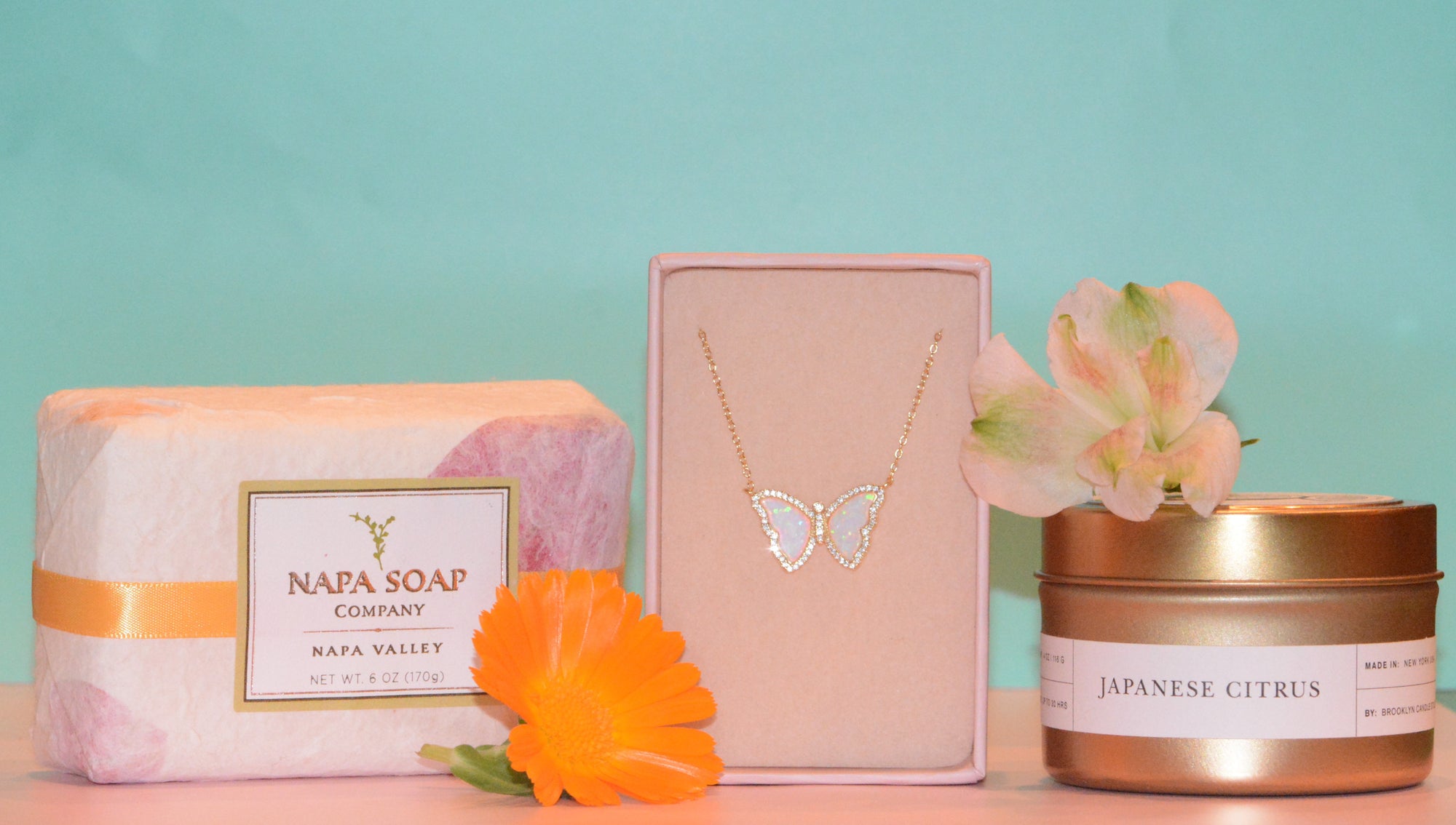 Deluxe Gift Set | Opal Butterfly Necklace + Napa Valley Soap + Candle
