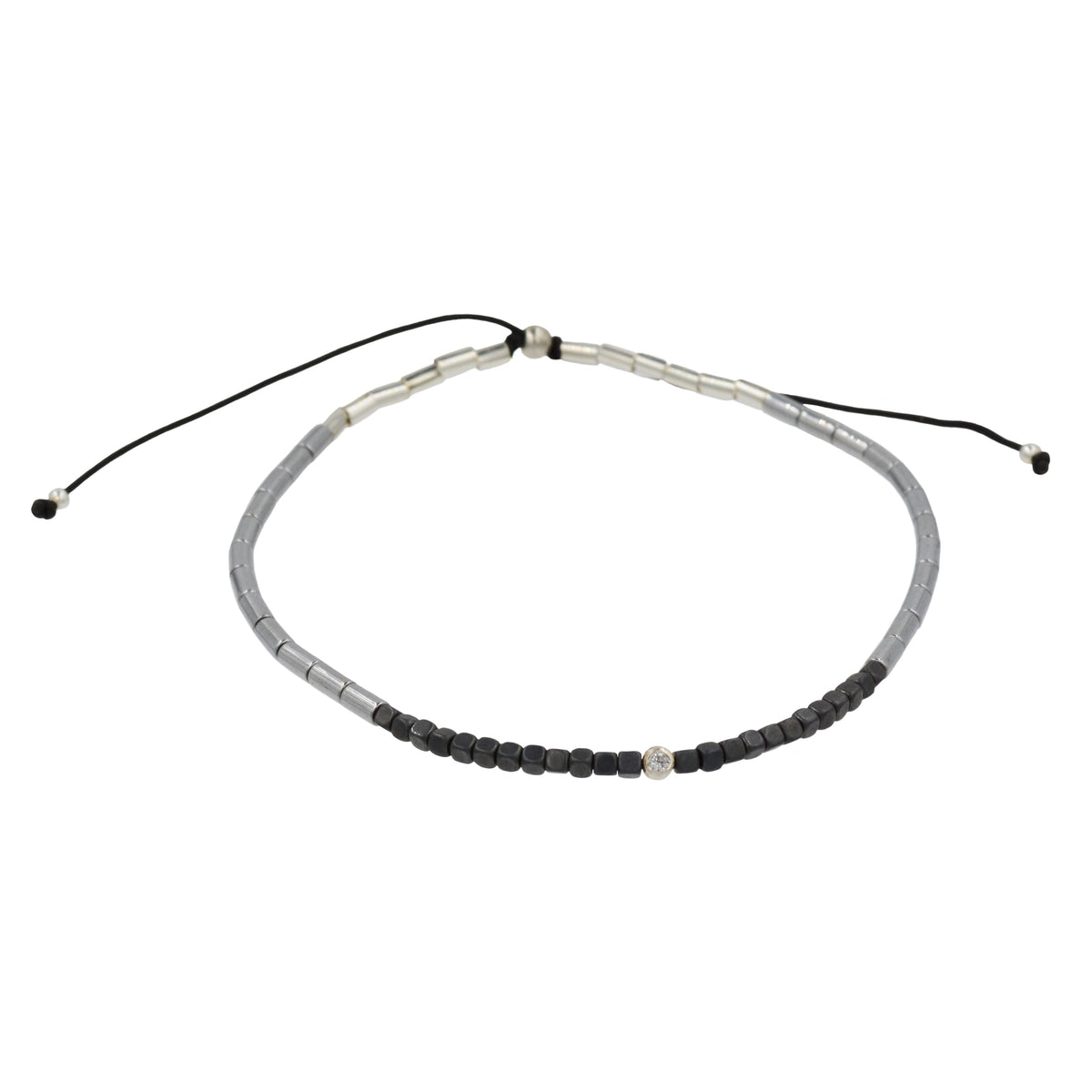 Matte Black Hematite Tubes and Silver Beaded Bracelet