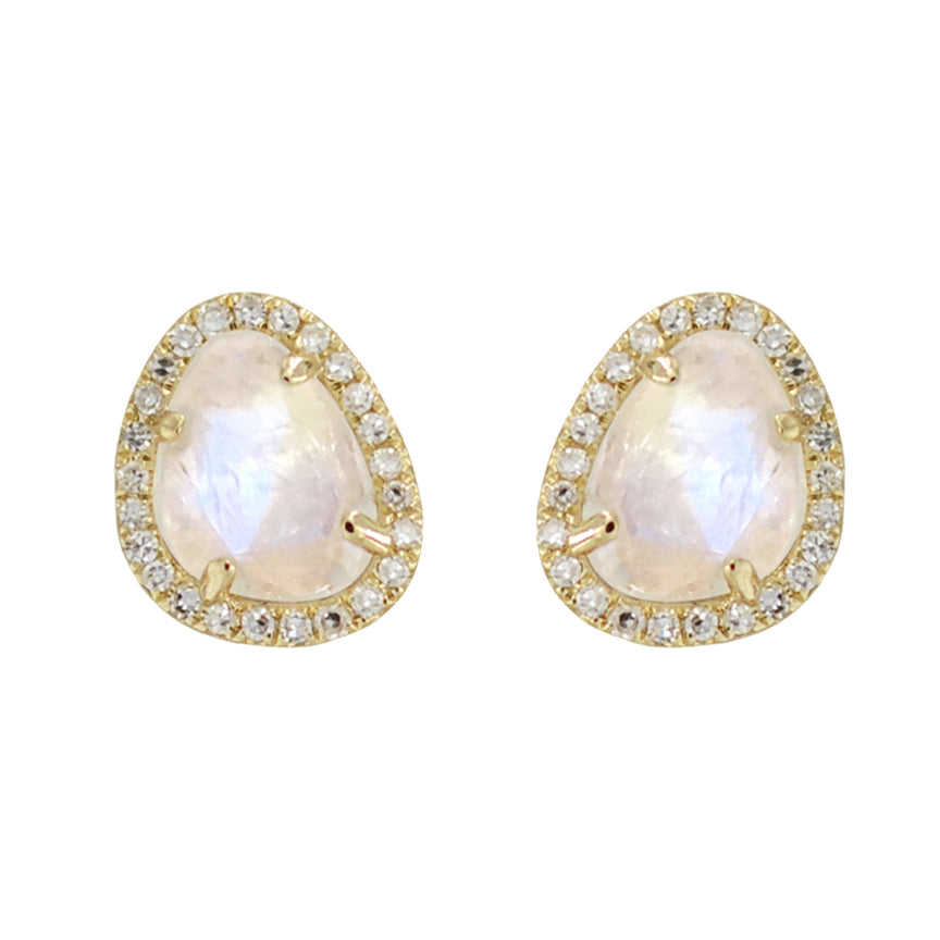 A pair of pebble-shaped moonstone earrings with halo settings of smaller diamonds around them, in a gold mounting.