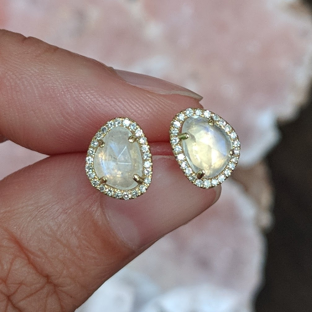 Diamond Pebble Stud Earrings - Moonstone
