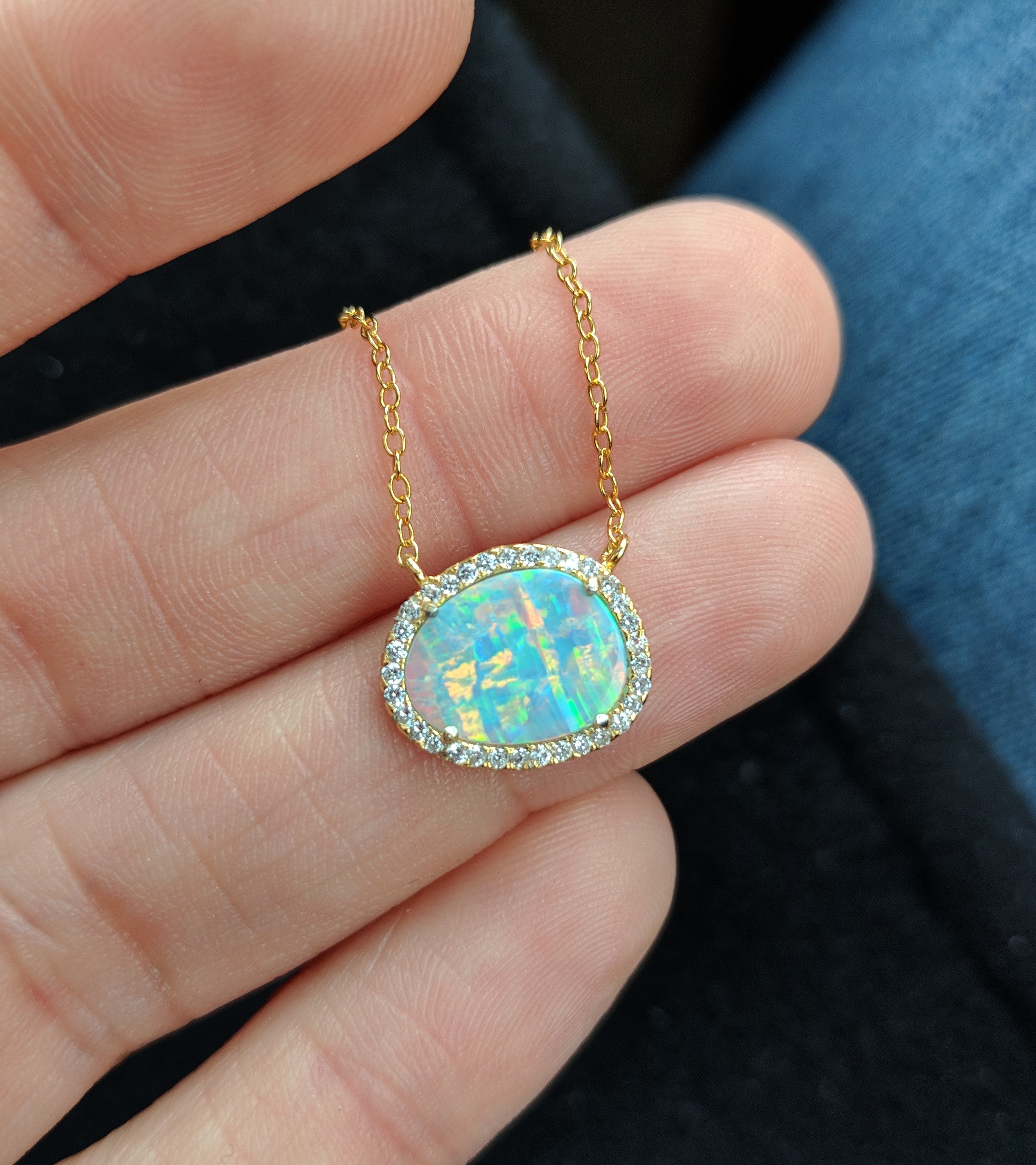 Yellow Gold Australian Opal Necklace-235-105