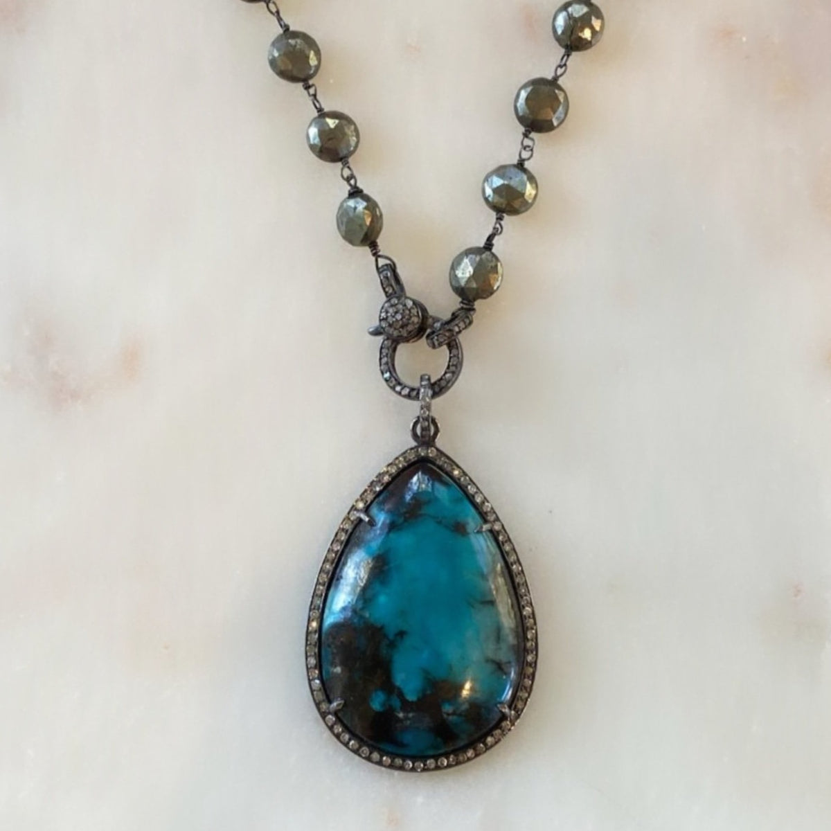 Moonstone, Chrysocolla, or Boulder Pendant on Diamond Pyrite Chain