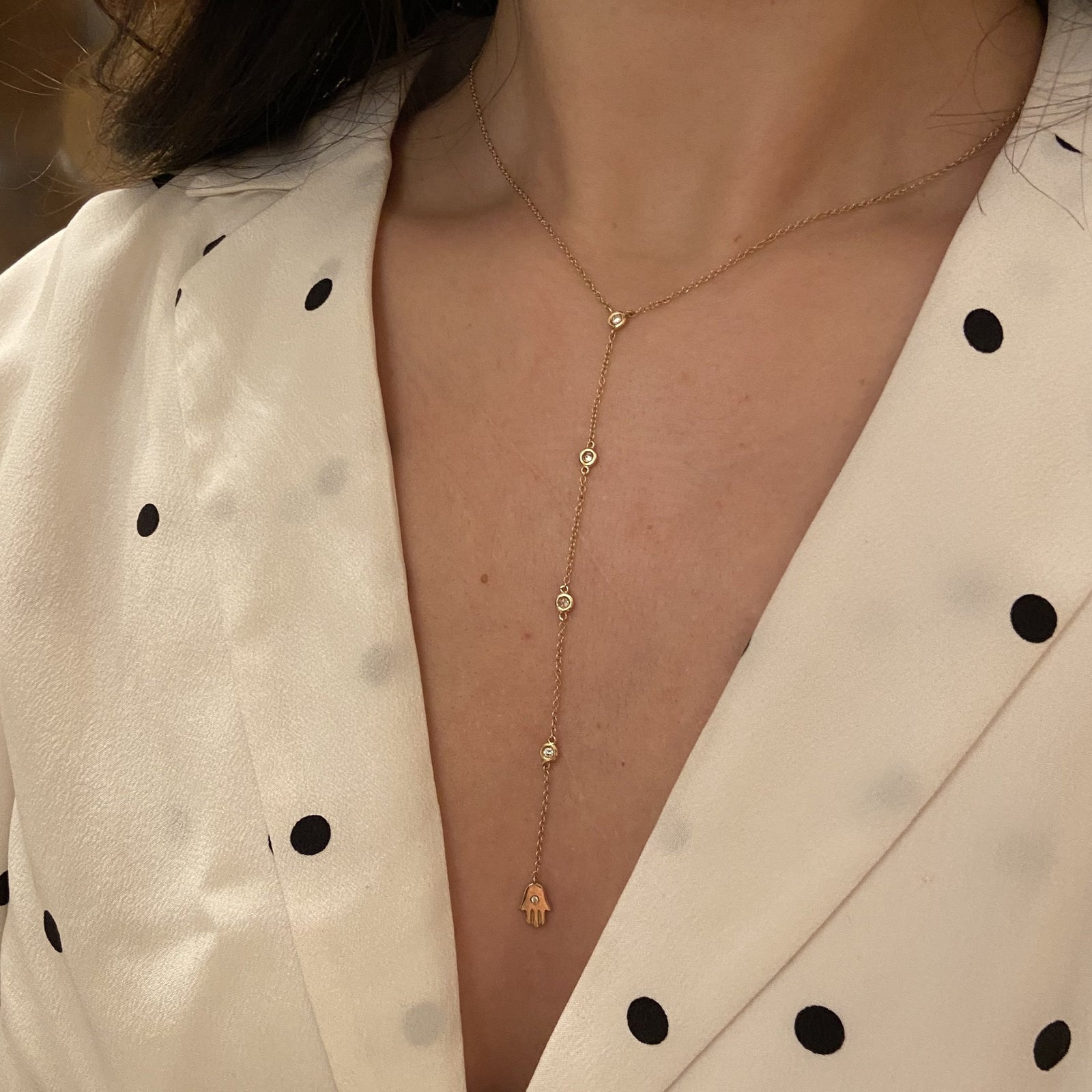 Mini Hamsa Lariat Necklace With Diamonds 14k