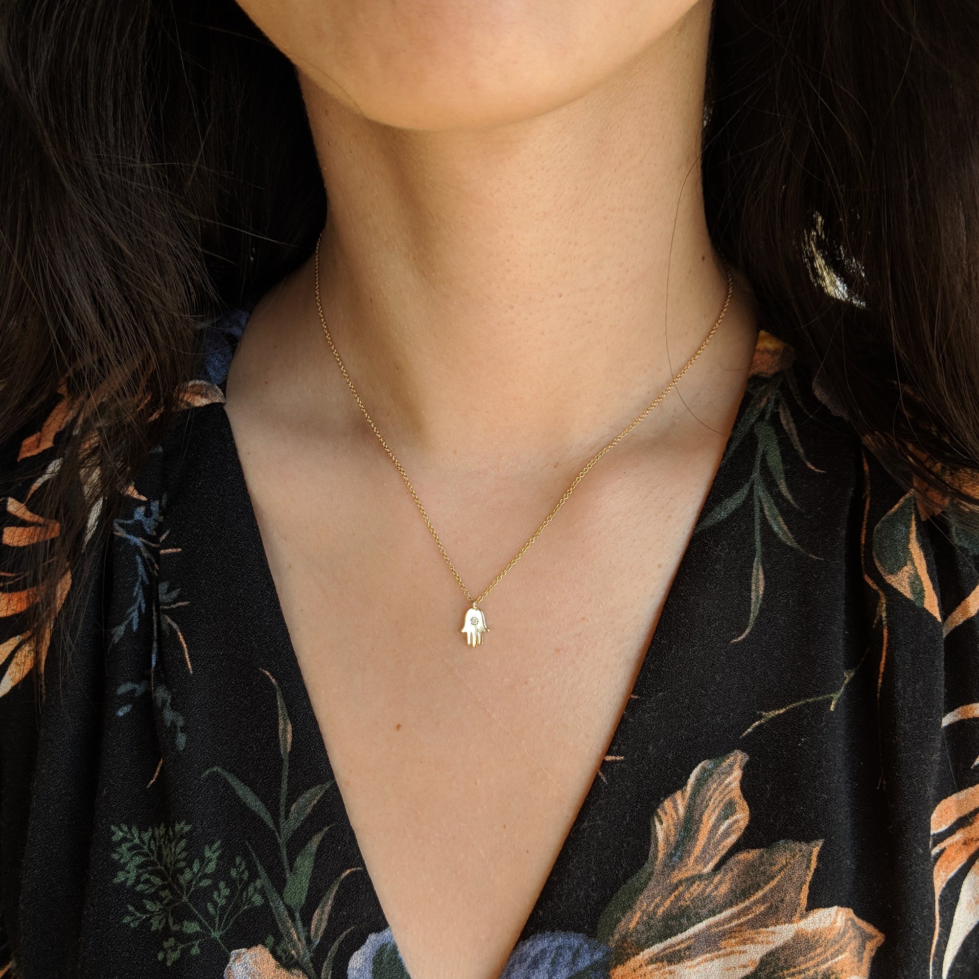 Mini Hamsa Necklace With Diamonds 14k