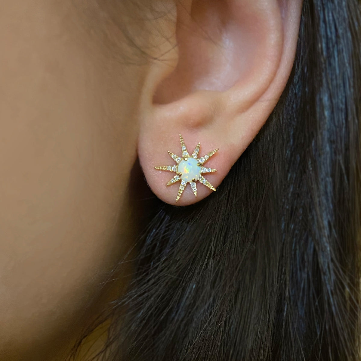 Opal Starburst Stud Earrings With Diamonds