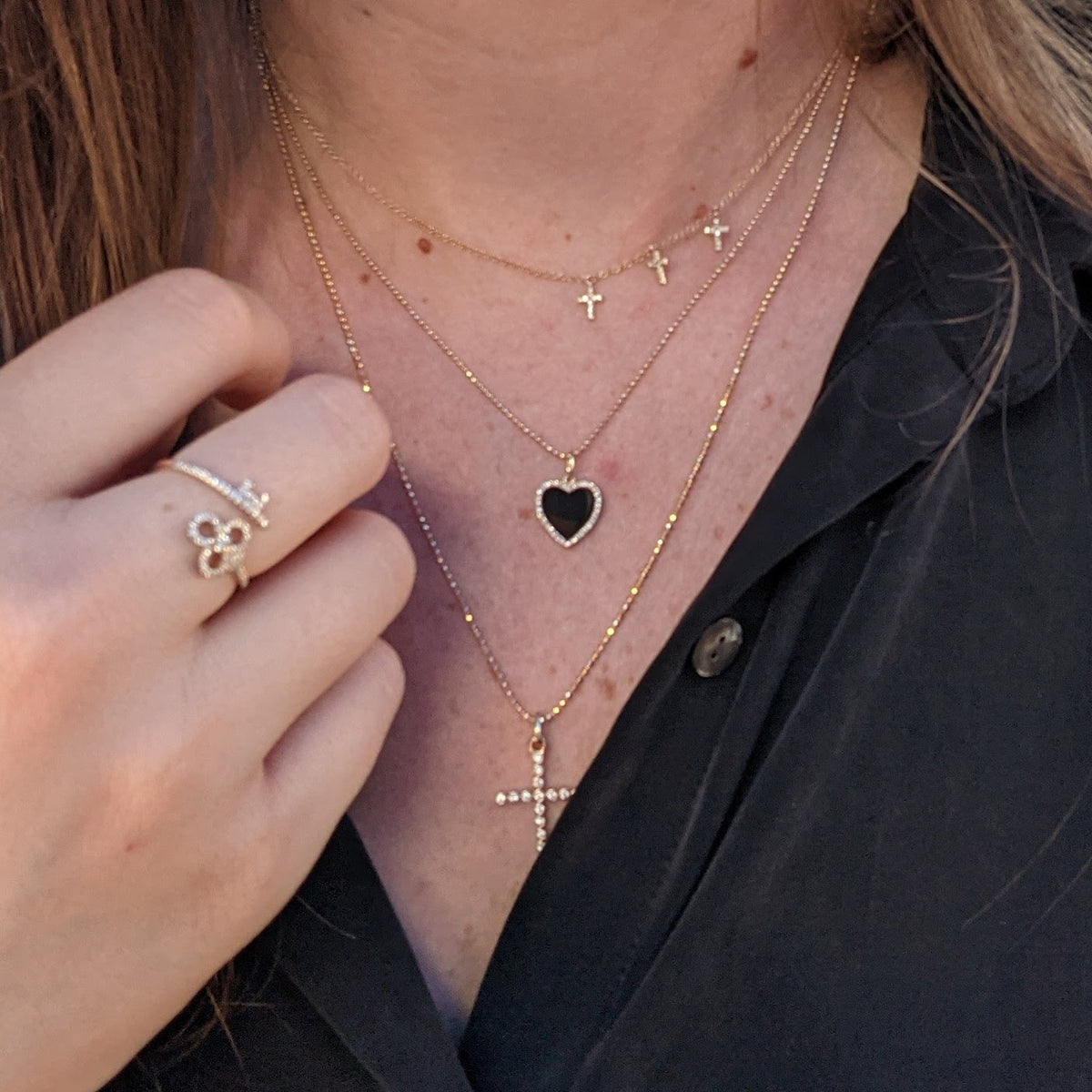 Triple Diamond Cross Necklace In 14k Gold