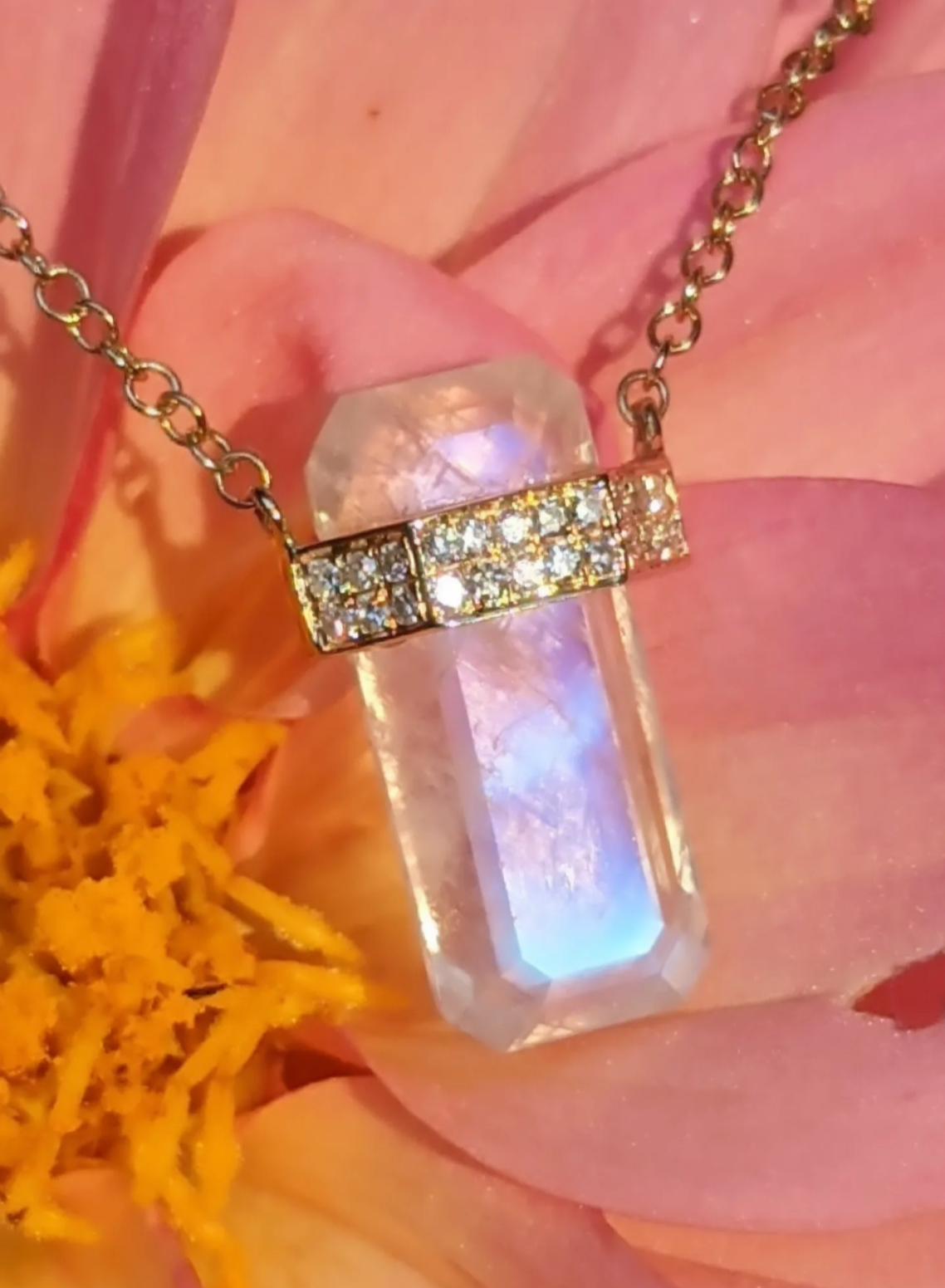 14k Moonstone Huggie Necklace with Diamonds