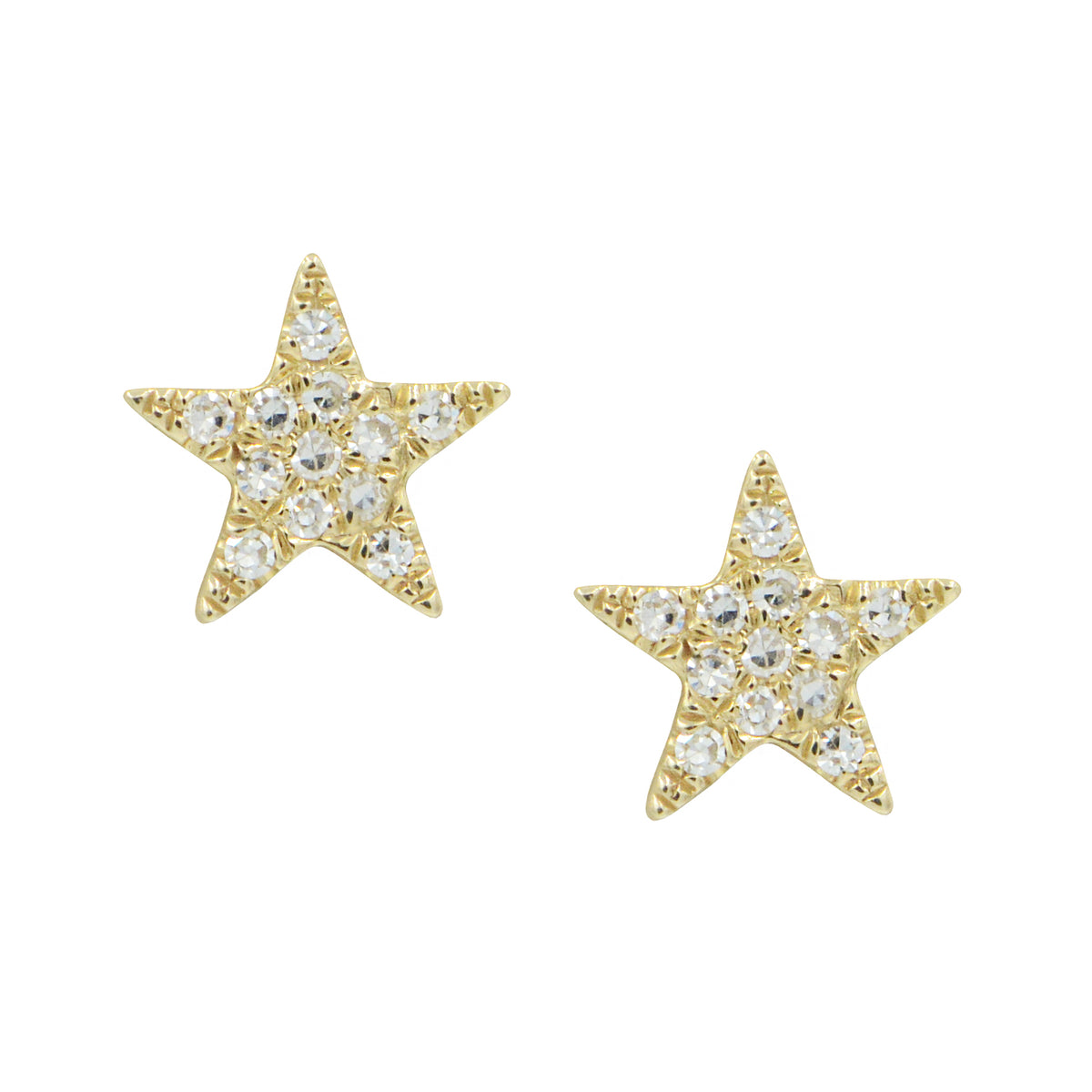 A pair of star-shaped diamond stud earrings in 14kt gold, sparkling with multiple embedded diamonds.