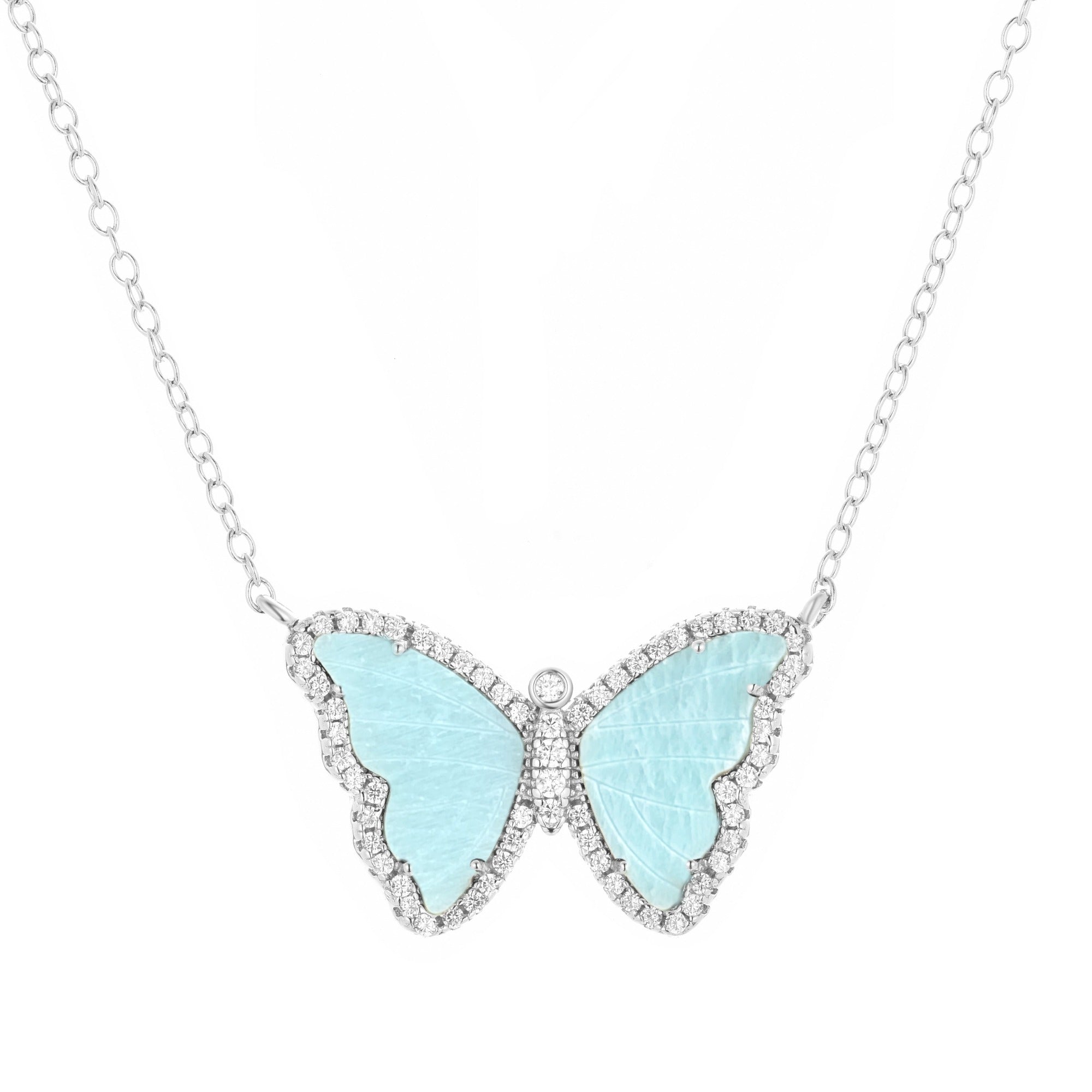 amazonite butterfly necklace with crystals in yellow gold