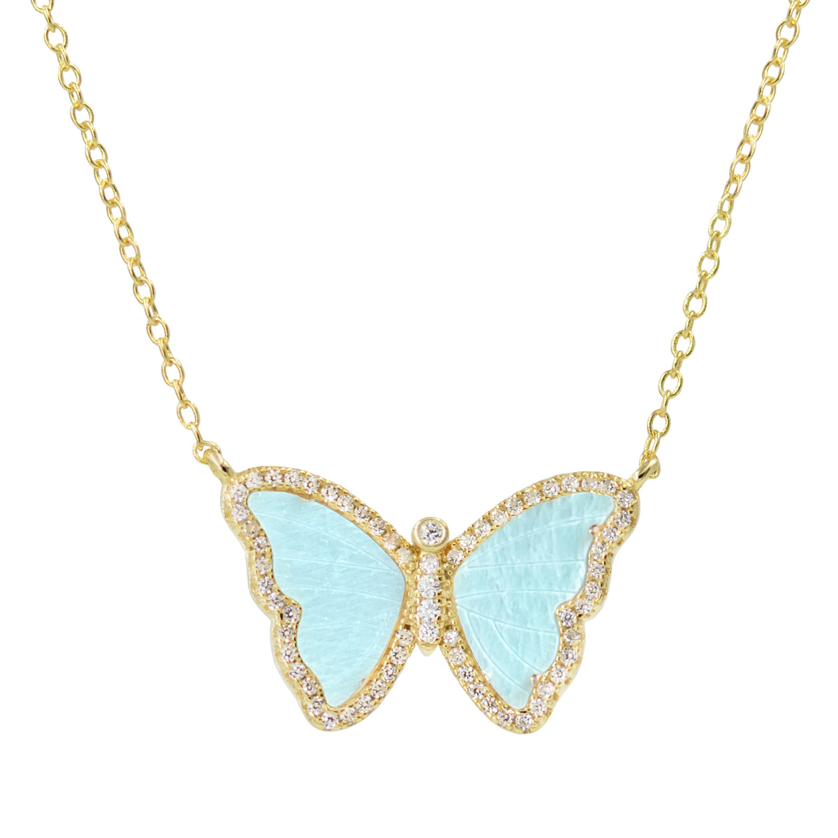 amazonite butterfly necklace with crystals in yellow gold