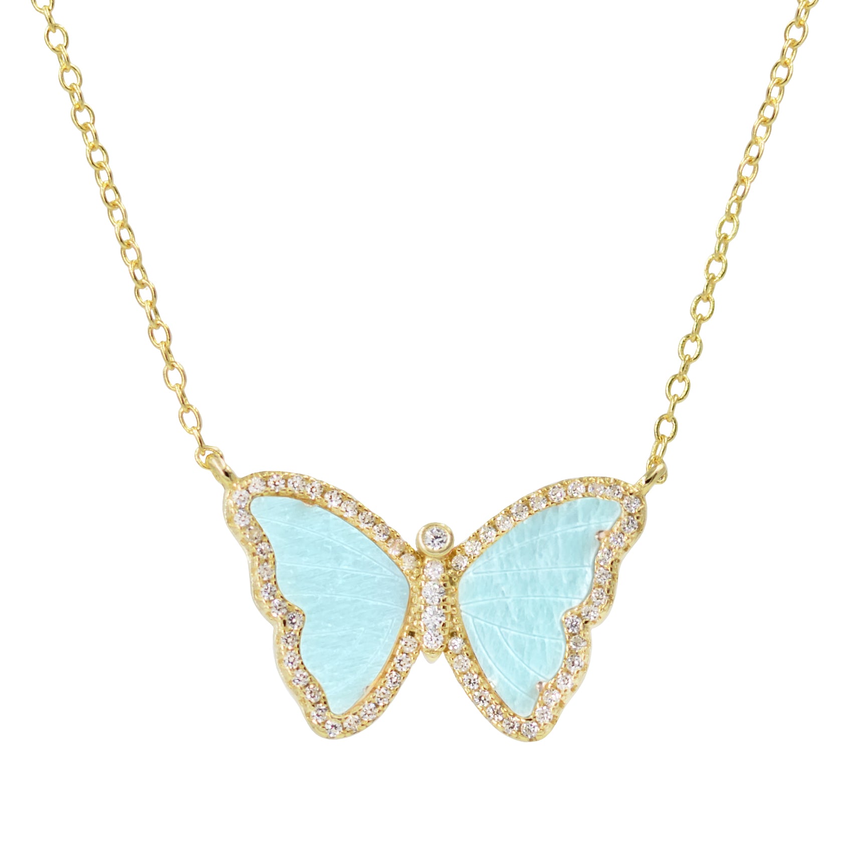 amazonite butterfly necklace with crystals in yellow gold