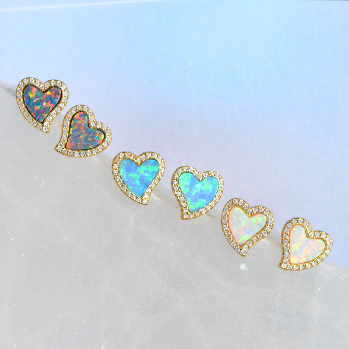 Amore heart stud earrings with crystals in assorted opal colors
