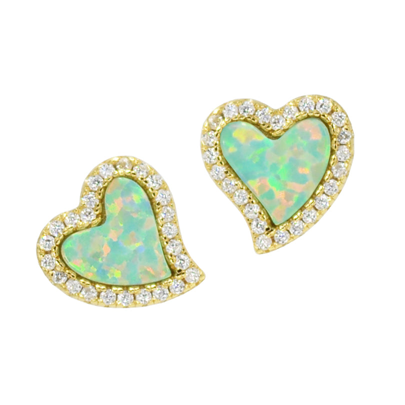 Amore heart stud earrings with crystals in green opal