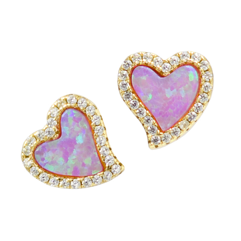 Amore heart stud earrings with crystals in pink opal and yellow gold