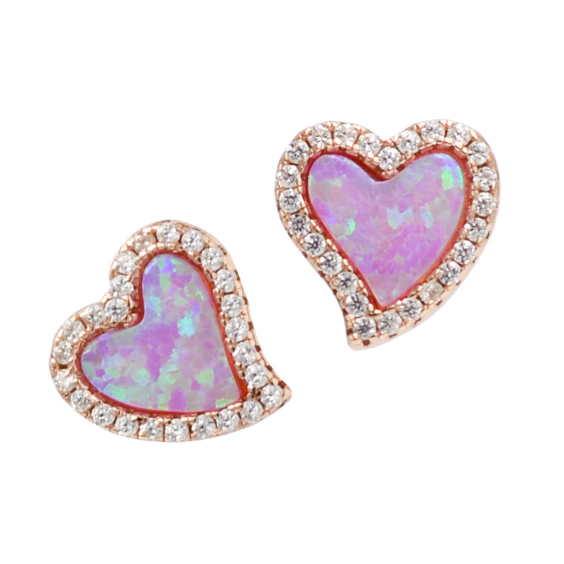 Amore heart stud earrings with crystals in pink opal and rose gold