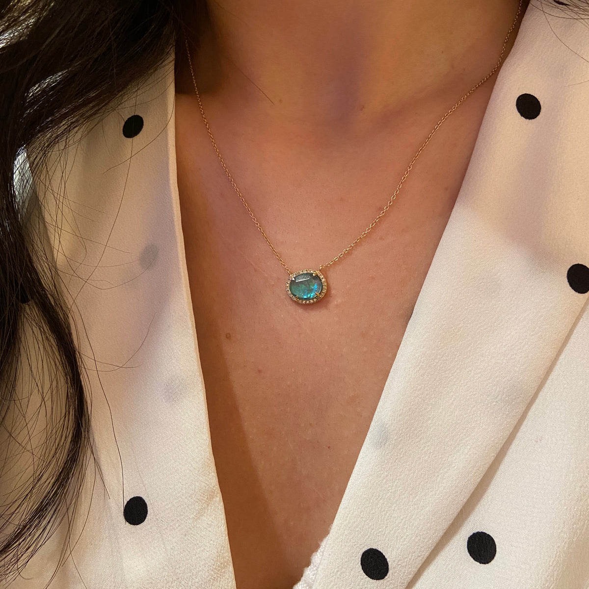 Apatite Pearl Doublet Necklace With Diamonds in 14K Yellow Gold Lifestyle