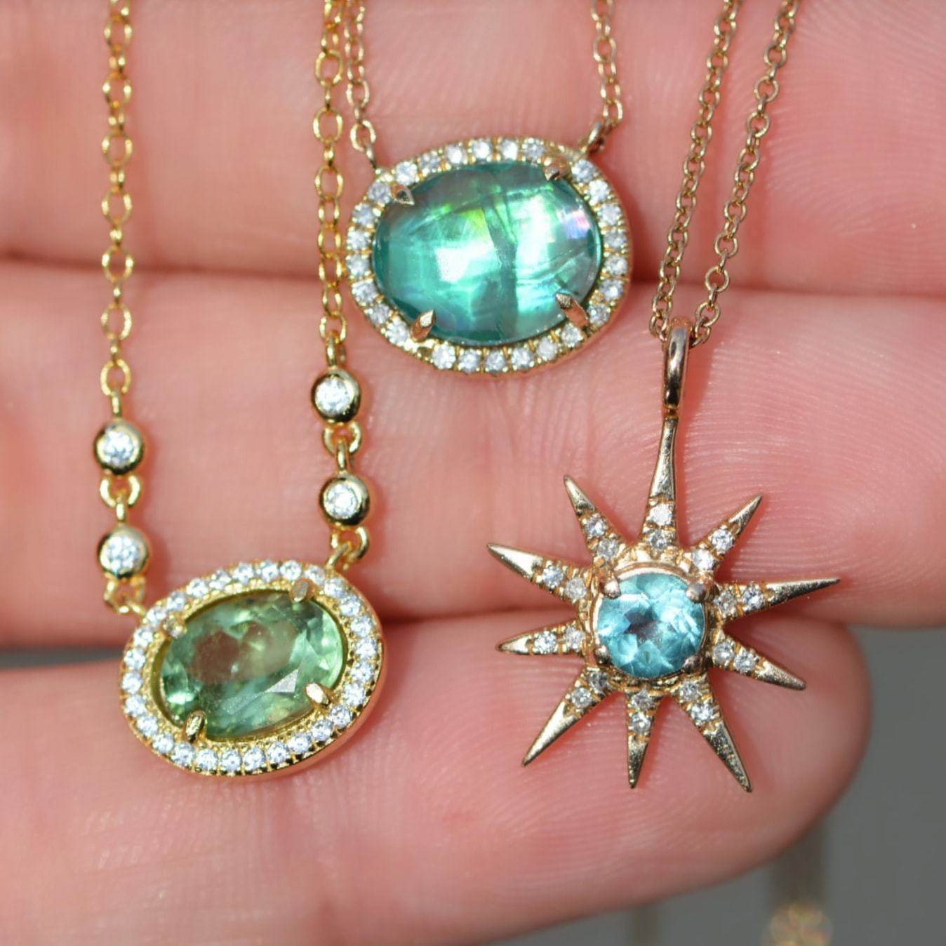 Apatite Star Necklace With Diamonds in 14K Gold