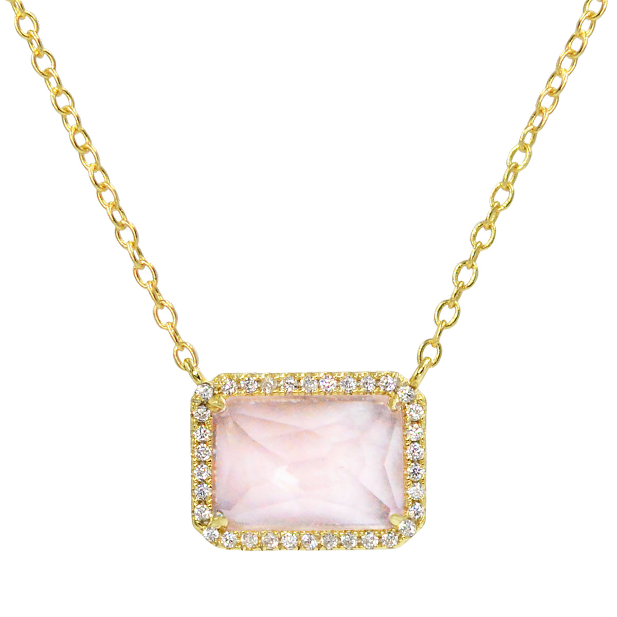 Atiena lab-created rectangle gemstone necklace in morganite pink and gold