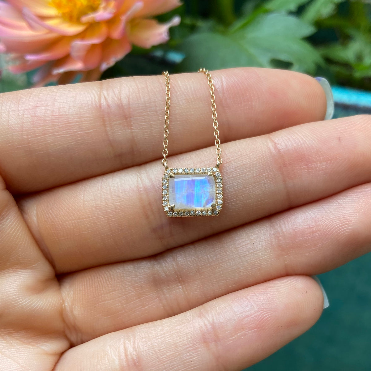 Atiena Rainbow Moonstone Necklace With Diamonds in 14K Gold