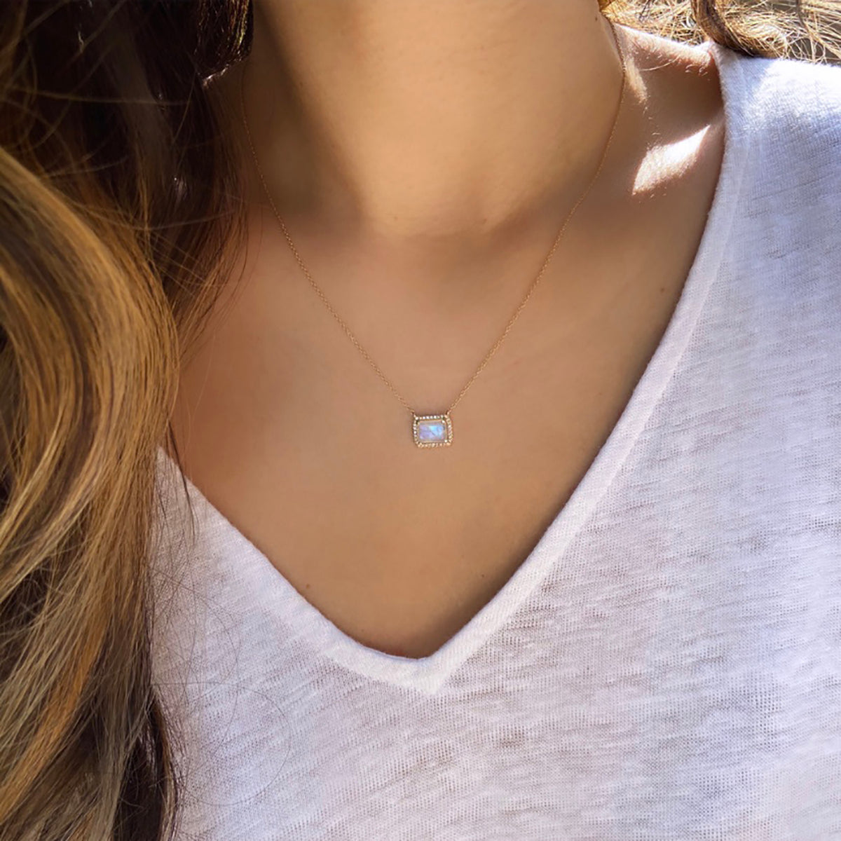 Atiena Rainbow Moonstone Necklace With Diamonds in 14K Gold